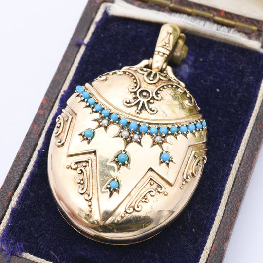 9ct Gold Locket Pendant with Peacock Engraving Turquoise and Pearl - Large Two Picture Locket | Antique Victorian Style | Blue and White