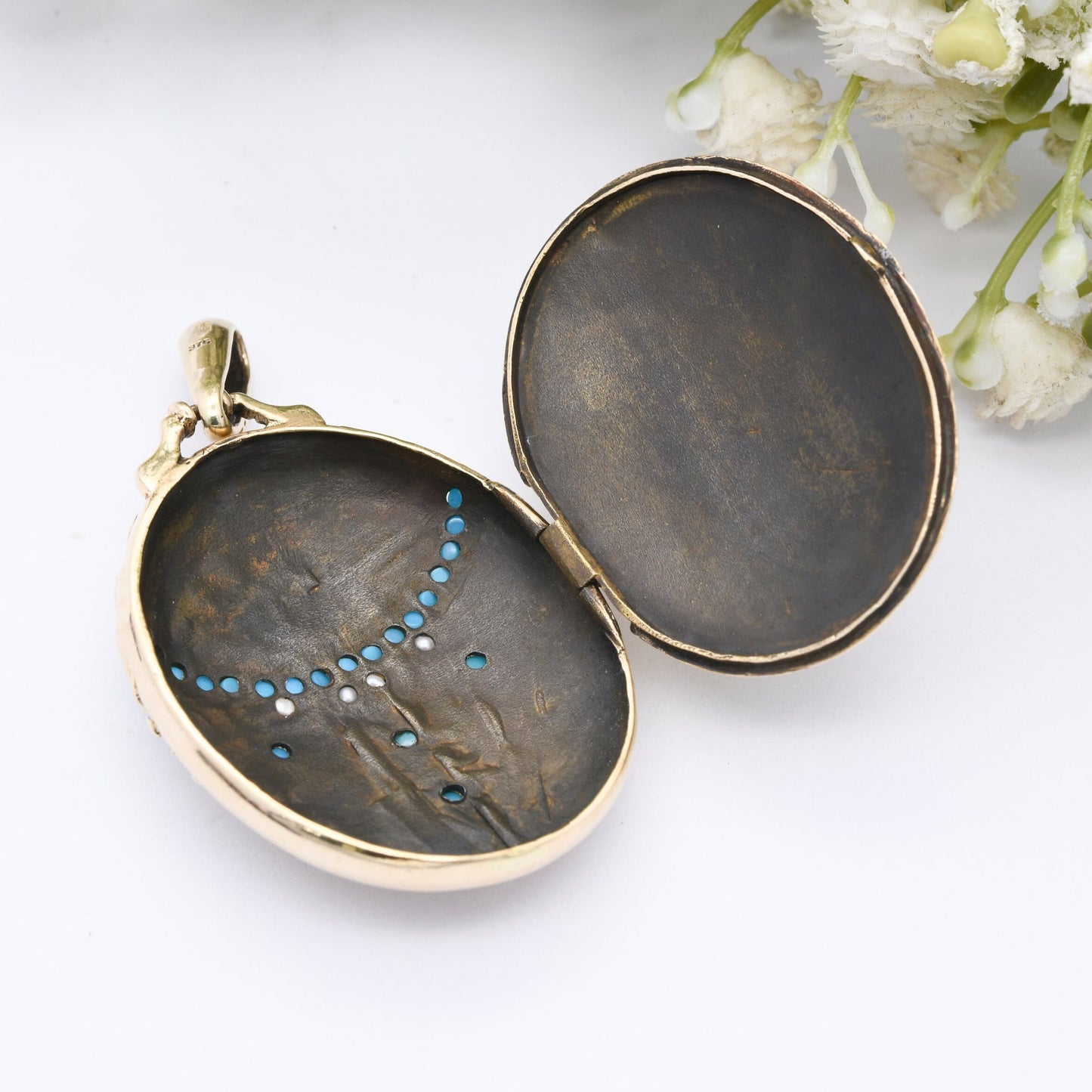 9ct Gold Locket Pendant with Peacock Engraving Turquoise and Pearl - Large Two Picture Locket | Antique Victorian Style | Blue and White