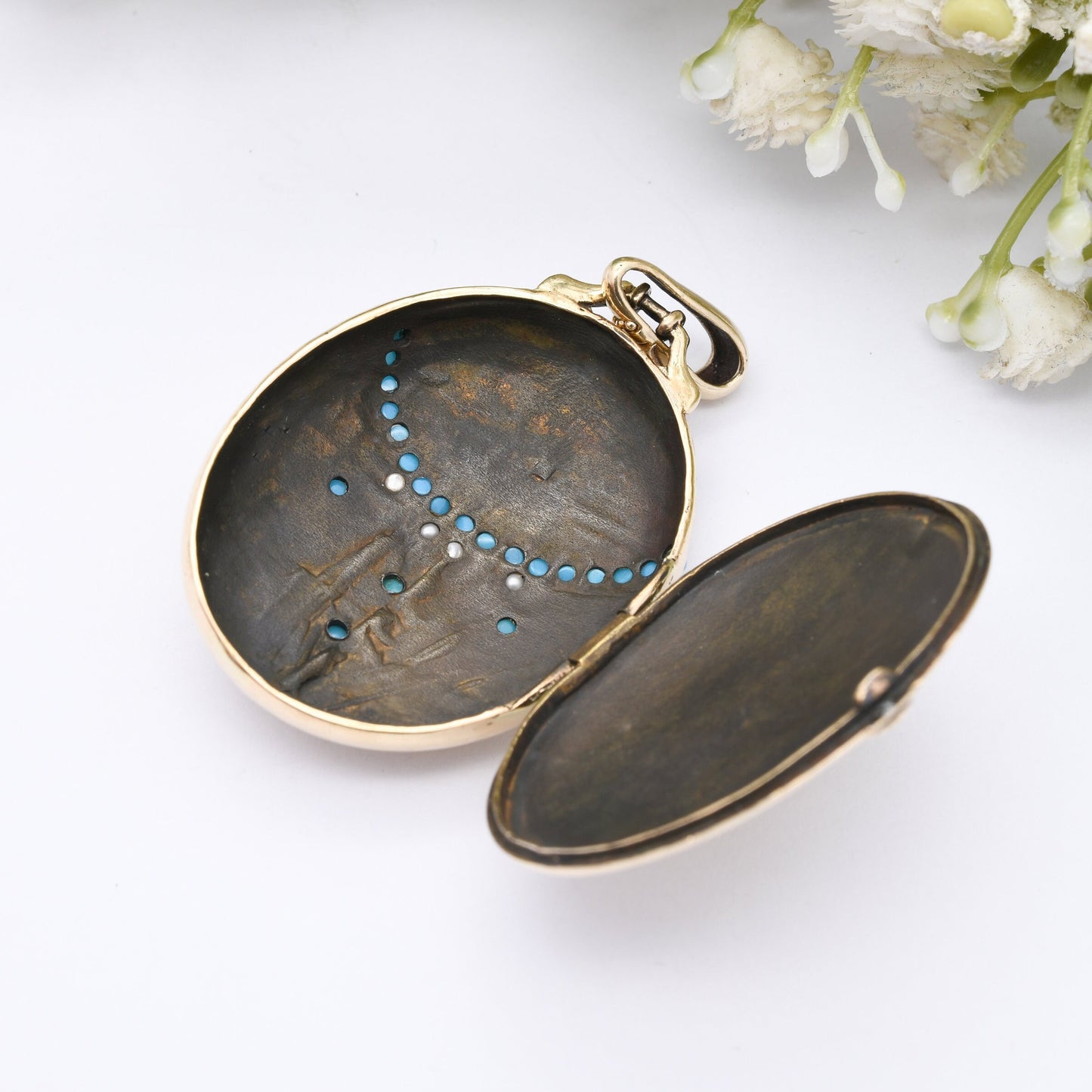 9ct Gold Locket Pendant with Peacock Engraving Turquoise and Pearl - Large Two Picture Locket | Antique Victorian Style | Blue and White