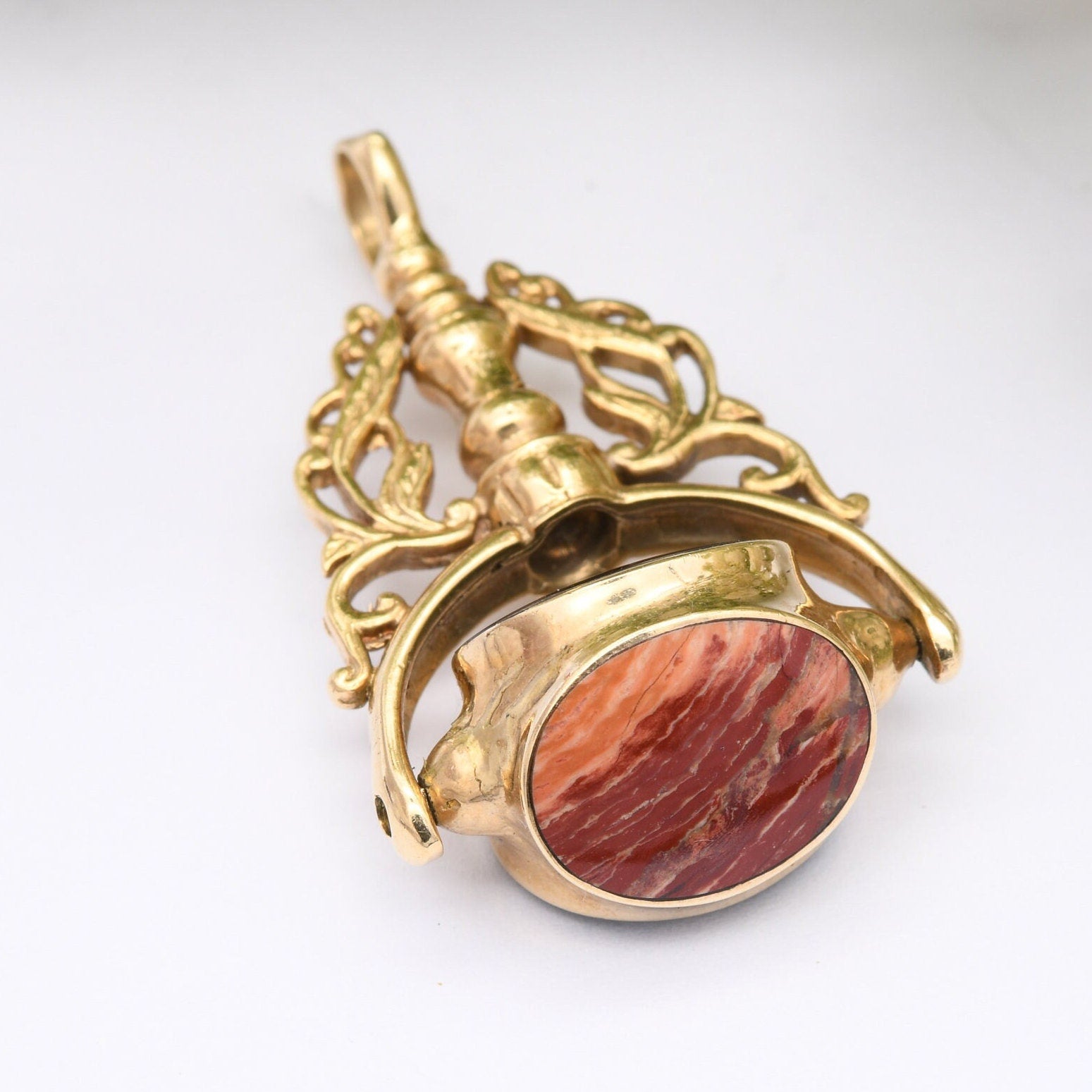 Vintage 9ct Gold Spinner Fob 1991 - Gemstone Watch Fob Pendant | Antique Style | Bloodstone Heliotrope Jasper