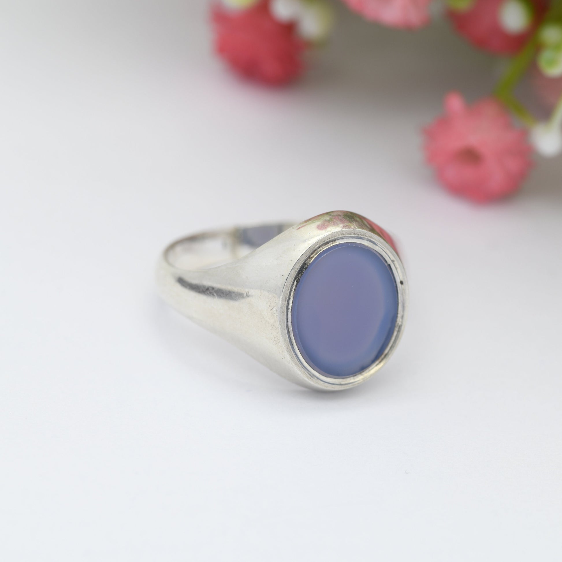 Vintage Sterling Silver Chalcedony Signet Ring - Chunky Large Unisex Jewellery | UK Size - U 1/2 / US Size - 10 1/4