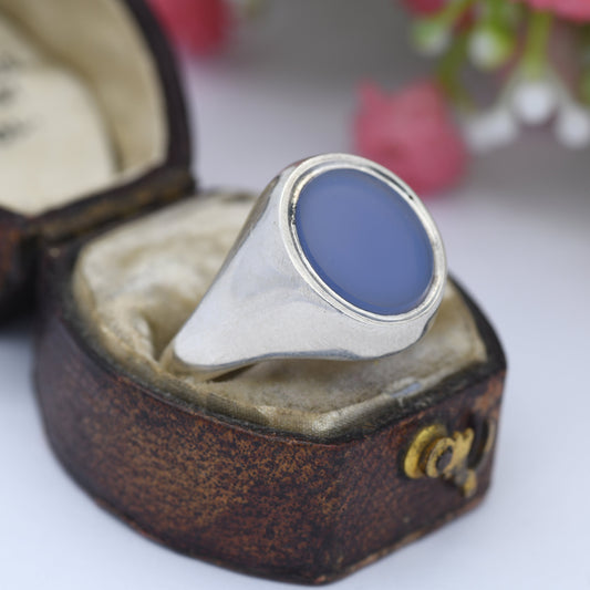 Vintage Sterling Silver Chalcedony Signet Ring - Chunky Large Unisex Jewellery | UK Size - U 1/2 / US Size - 10 1/4