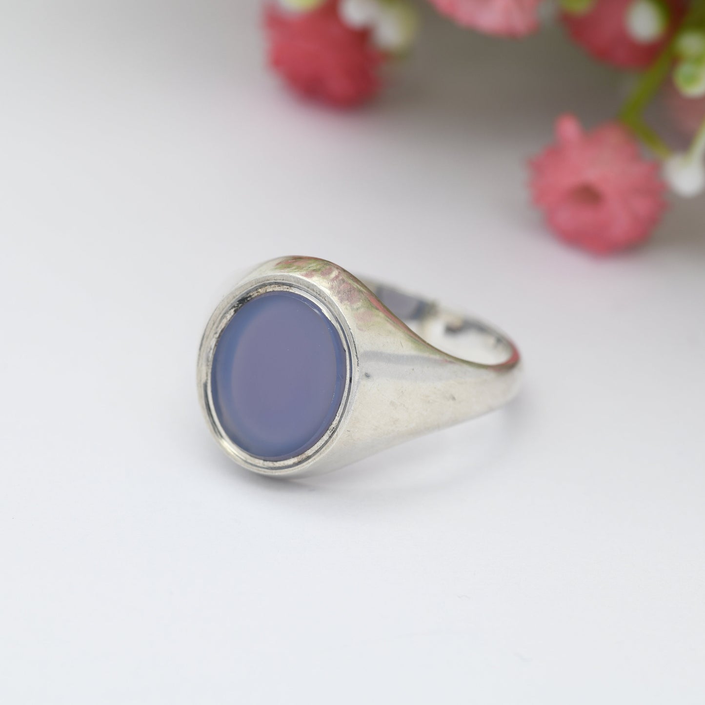 Vintage Sterling Silver Chalcedony Signet Ring - Chunky Large Unisex Jewellery | UK Size - U 1/2 / US Size - 10 1/4