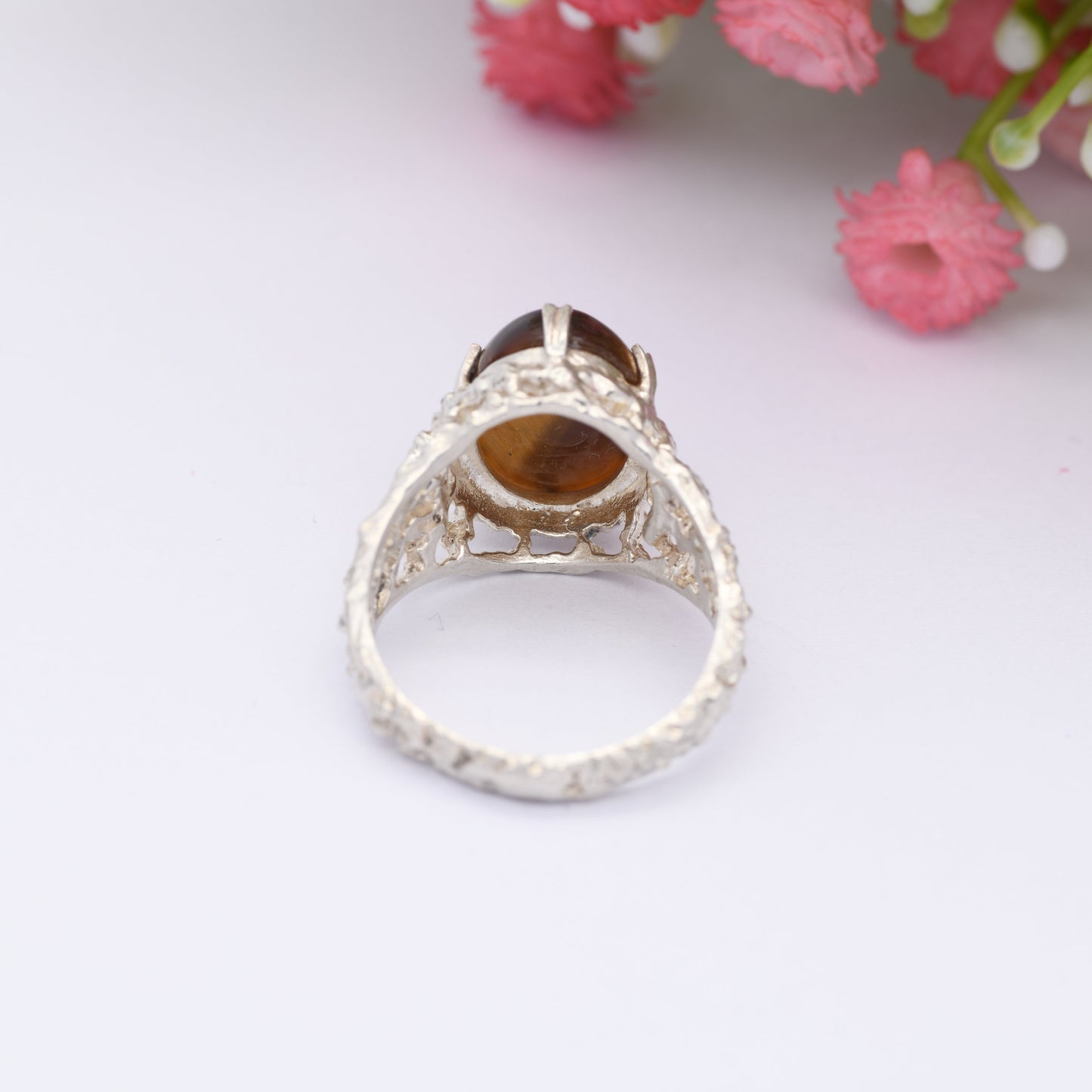 Vintage Sterling Silver Tiger's Eye Ring - Mid-Century Modern Brutalist | Oval Cabochon | UK Size - P | US Size - 7 1/2