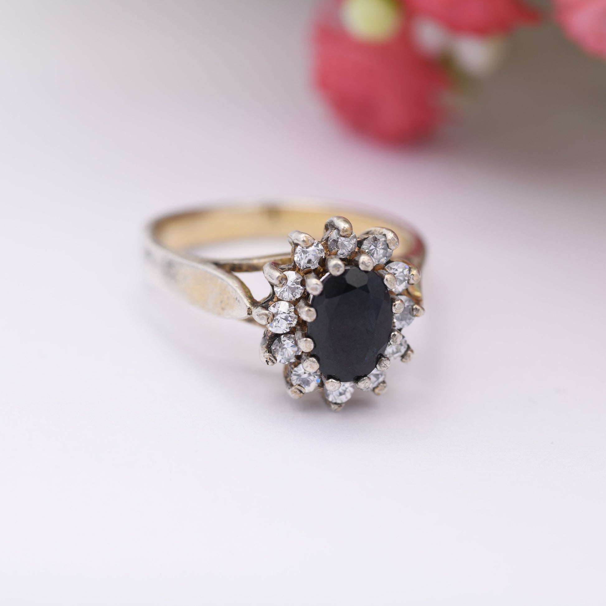 Vintage Sterling Silver Sapphire CZ Halo Flower Ring - Statement Cocktail Ring | UK Size - L | US Size - 5 3/4