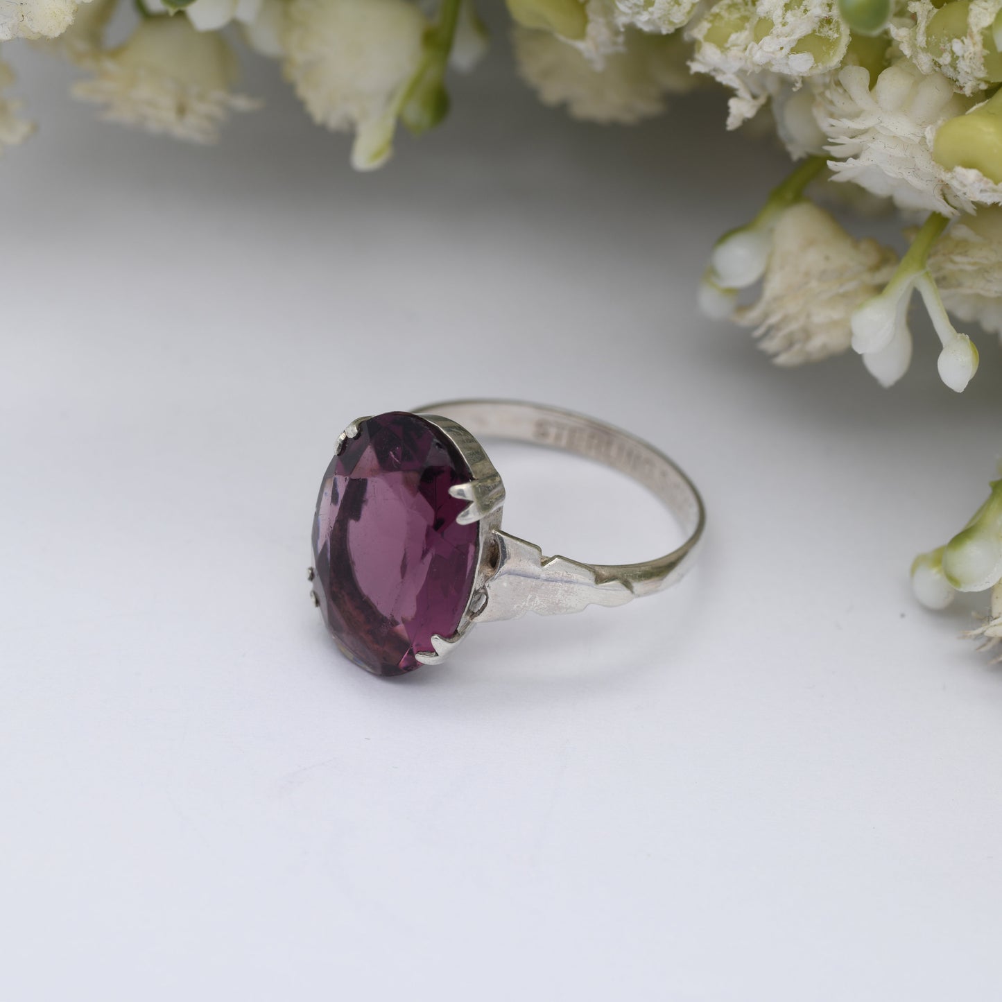 Art Deco Sterling Silver Purple Stone Ring - True Vintage Statement Ring | Large Glass Stone | UK Size - Q | US Size - 8