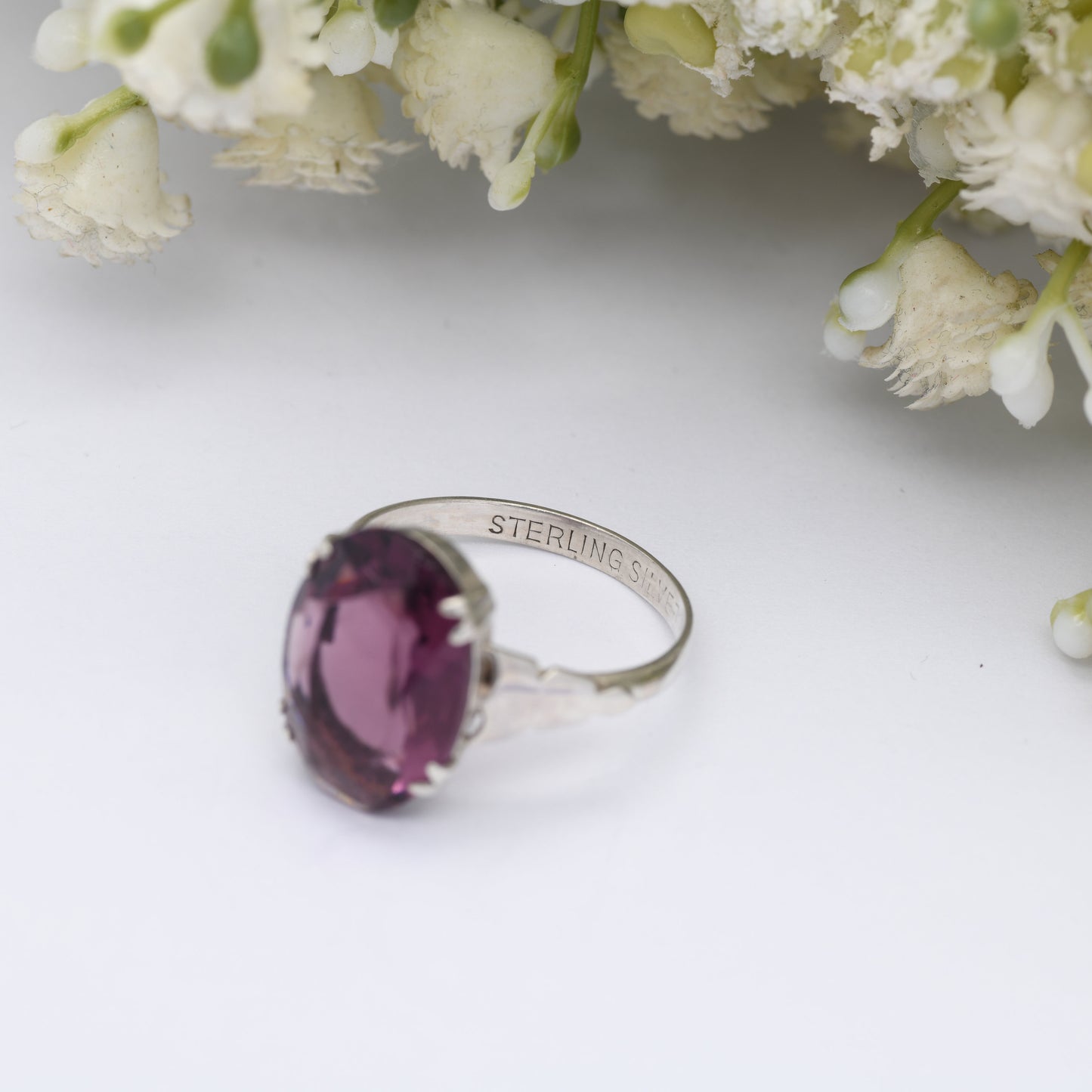 Art Deco Sterling Silver Purple Stone Ring - True Vintage Statement Ring | Large Glass Stone | UK Size - Q | US Size - 8