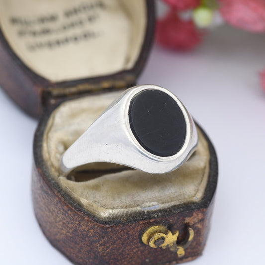 Vintage Sterling Silver Onyx Signet Ring 1977 - Large Unisex Jewellery | UK Size - Y | US Size - 12