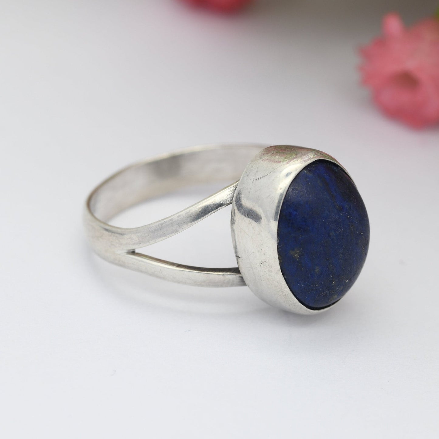 Vintage Sterling Silver Lapis Lazuli Ring - Modernist Unisex Chunky Silver Jewellery | UK Size - O | US Size - 7