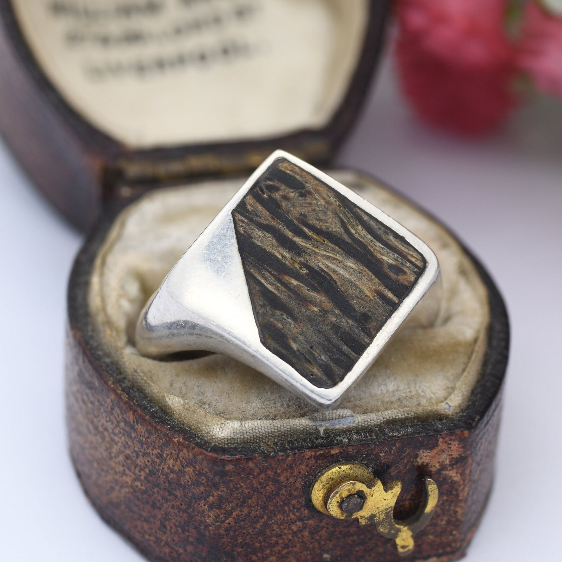 Vintage Sterling Silver Wood Signet Ring - Unusual Wooden Ring | Diamond Shape | UK Size - Q 1/2 | US Size - 8 1/4