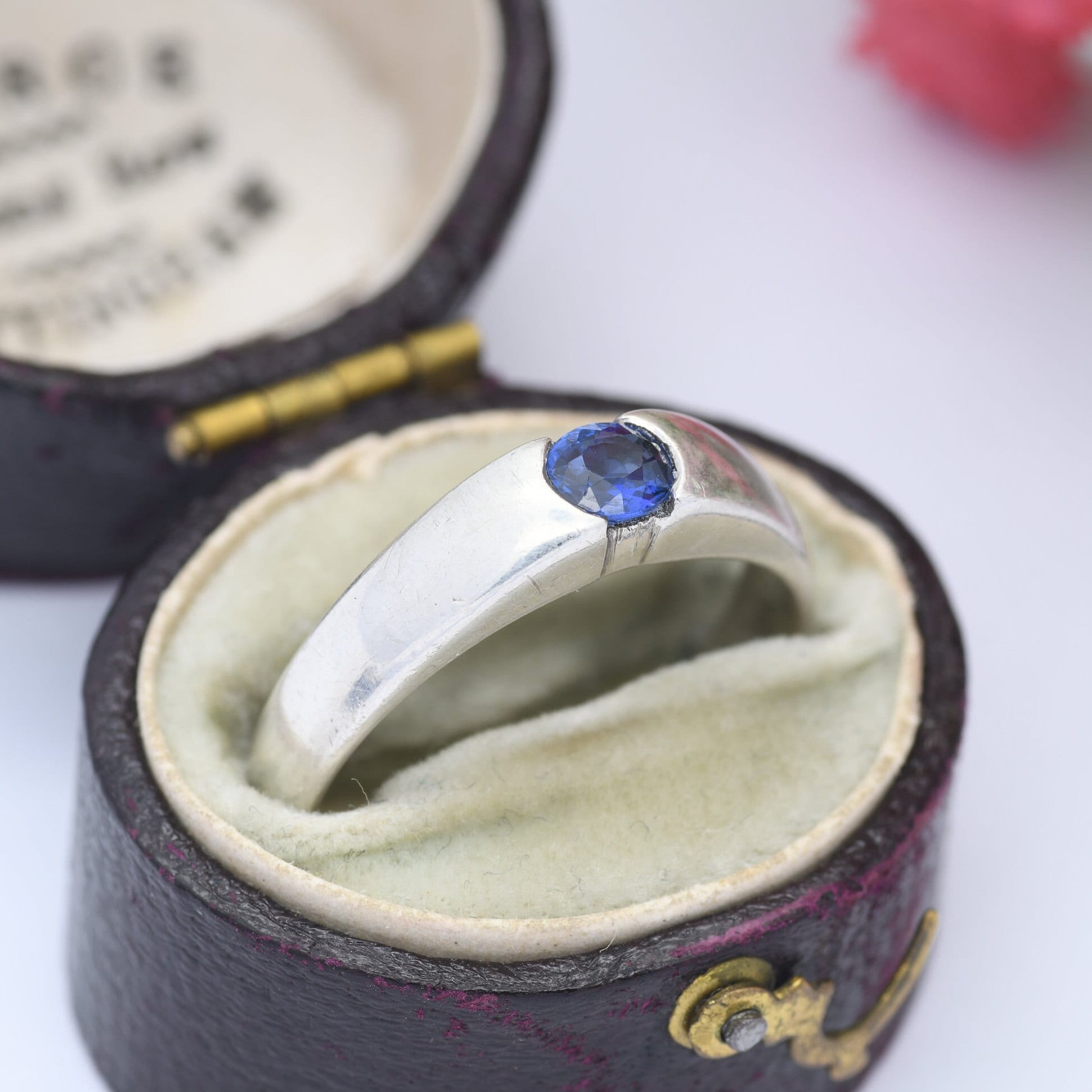 Vintage Sterling Silver Flush Gemstone Ring - Solitaire Blue Stone | UK Size - Q | US Size - 8