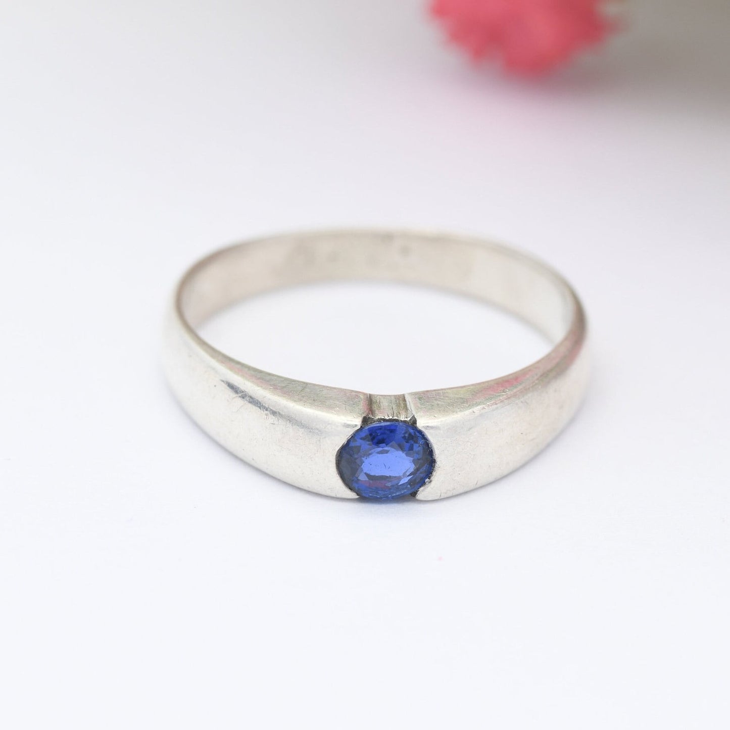 Vintage Sterling Silver Flush Gemstone Ring - Solitaire Blue Stone | UK Size - Q | US Size - 8