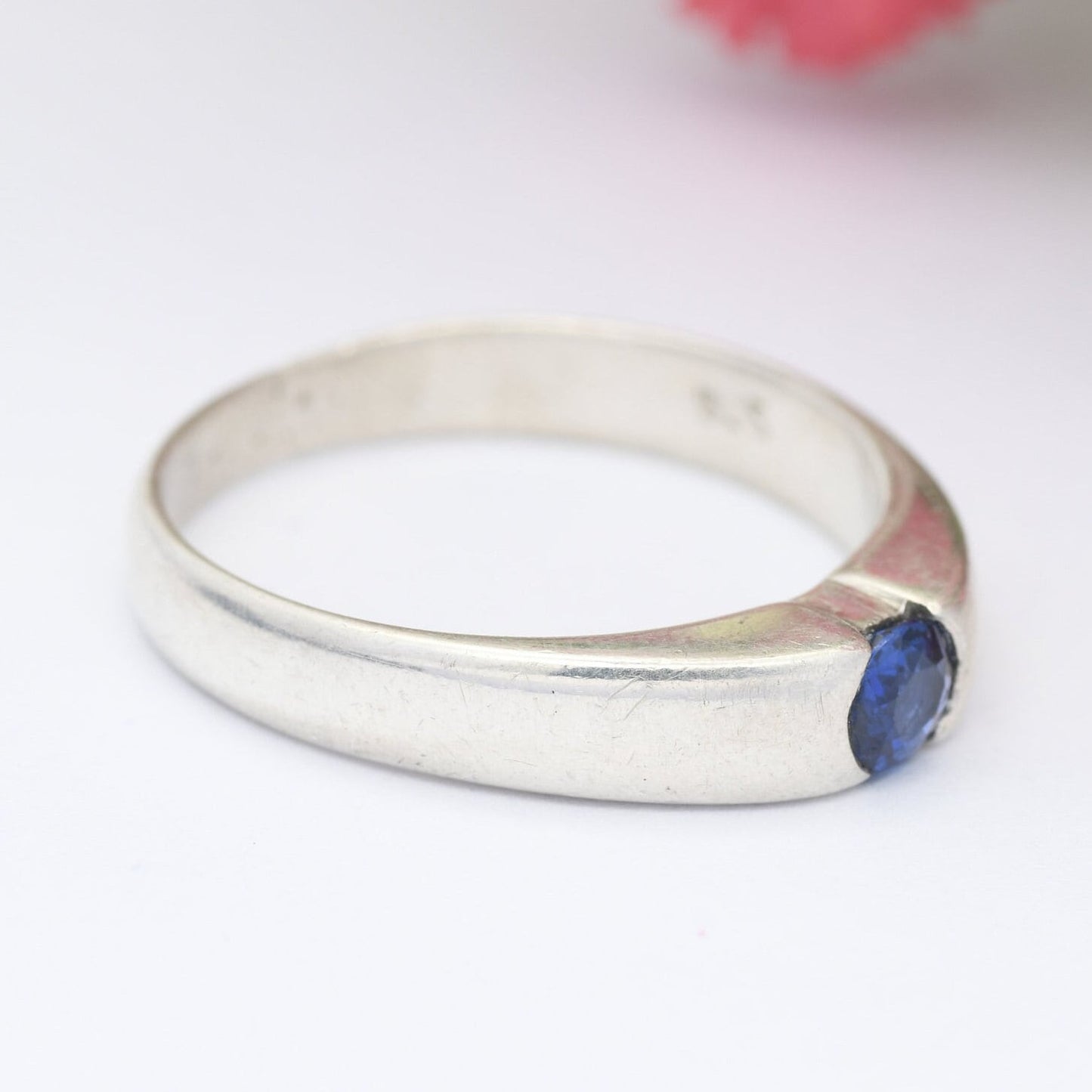 Vintage Sterling Silver Flush Gemstone Ring - Solitaire Blue Stone | UK Size - Q | US Size - 8