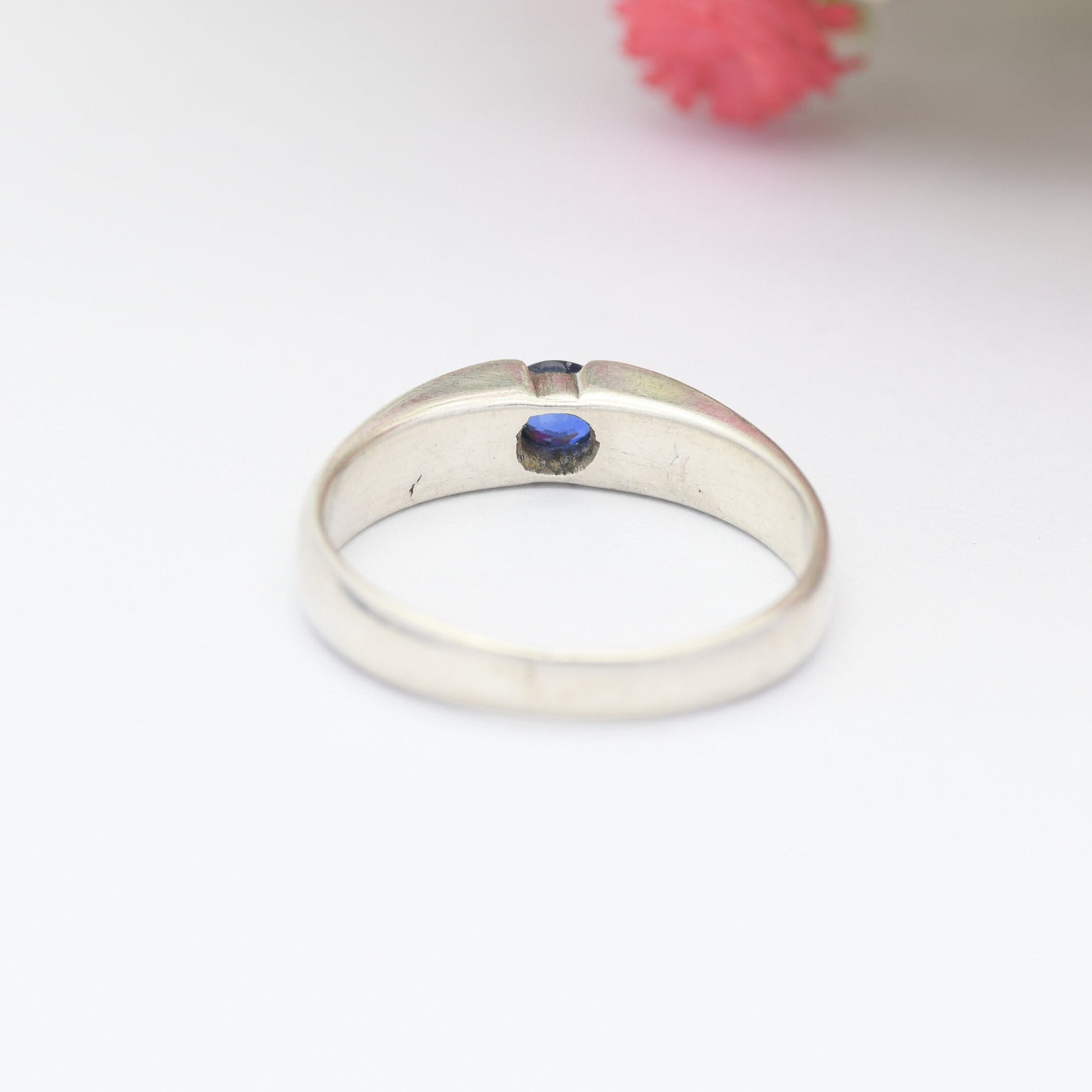 Vintage Sterling Silver Flush Gemstone Ring - Solitaire Blue Stone | UK Size - Q | US Size - 8