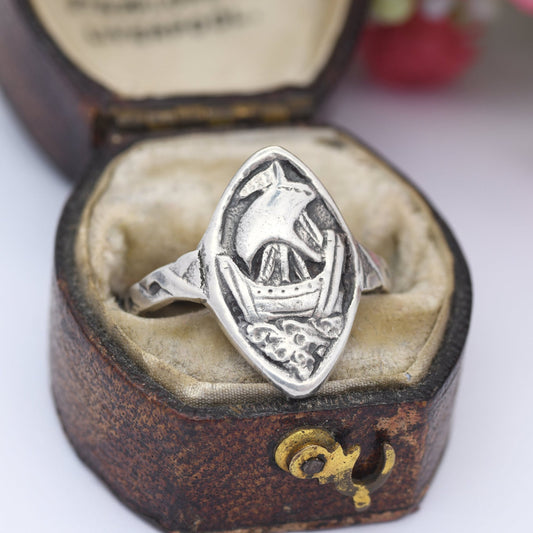 Vintage Sterling Silver Breton Sailing Ship Ring - French Kelt | Celtic Viking Style Design | UK Size - M 1/2 | US Size - 6 1/2