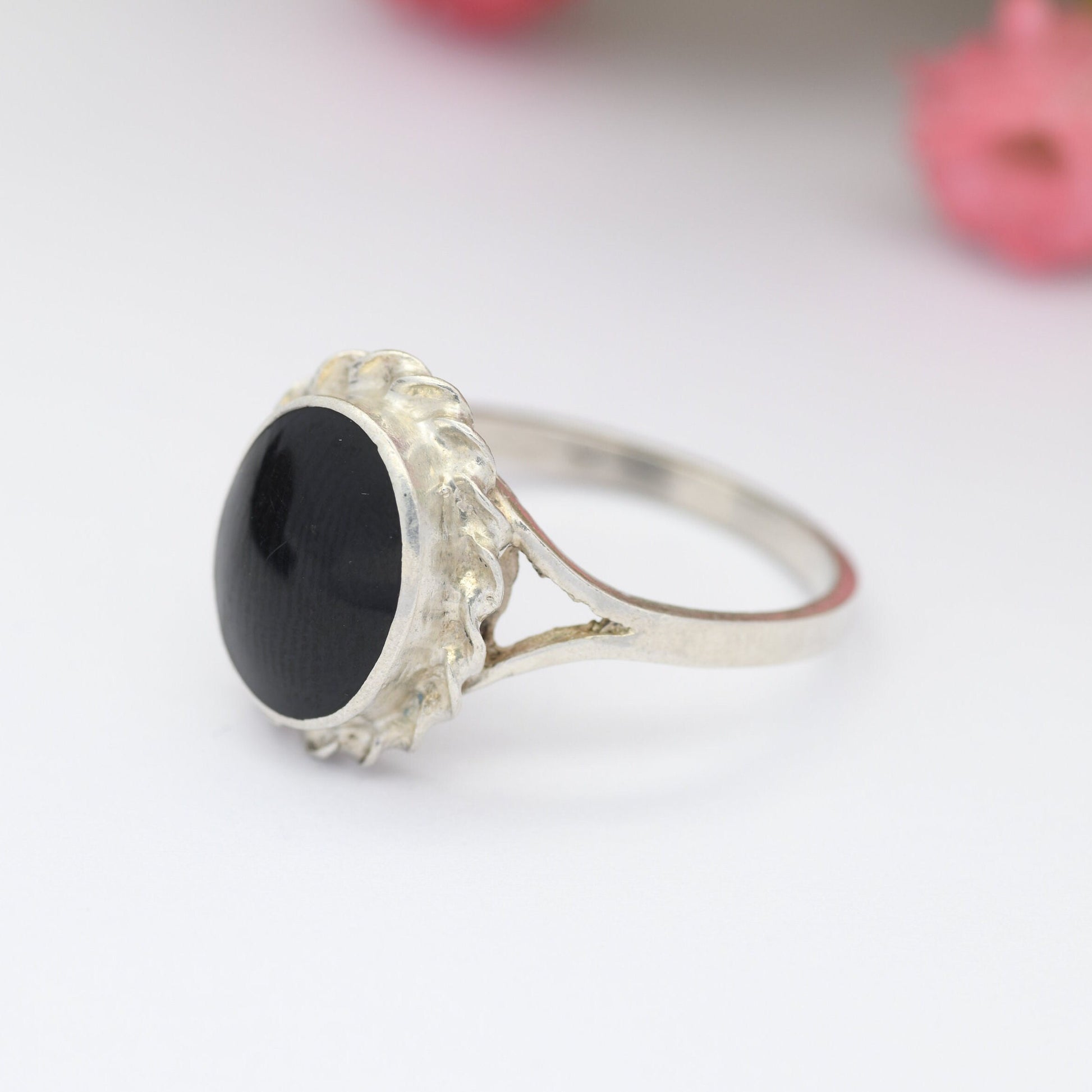 Vintage Sterling Silver Onyx Statement Ring - Pretty Ornate Bezel | UK Size - P 1/2 | US Size - 7 3/4