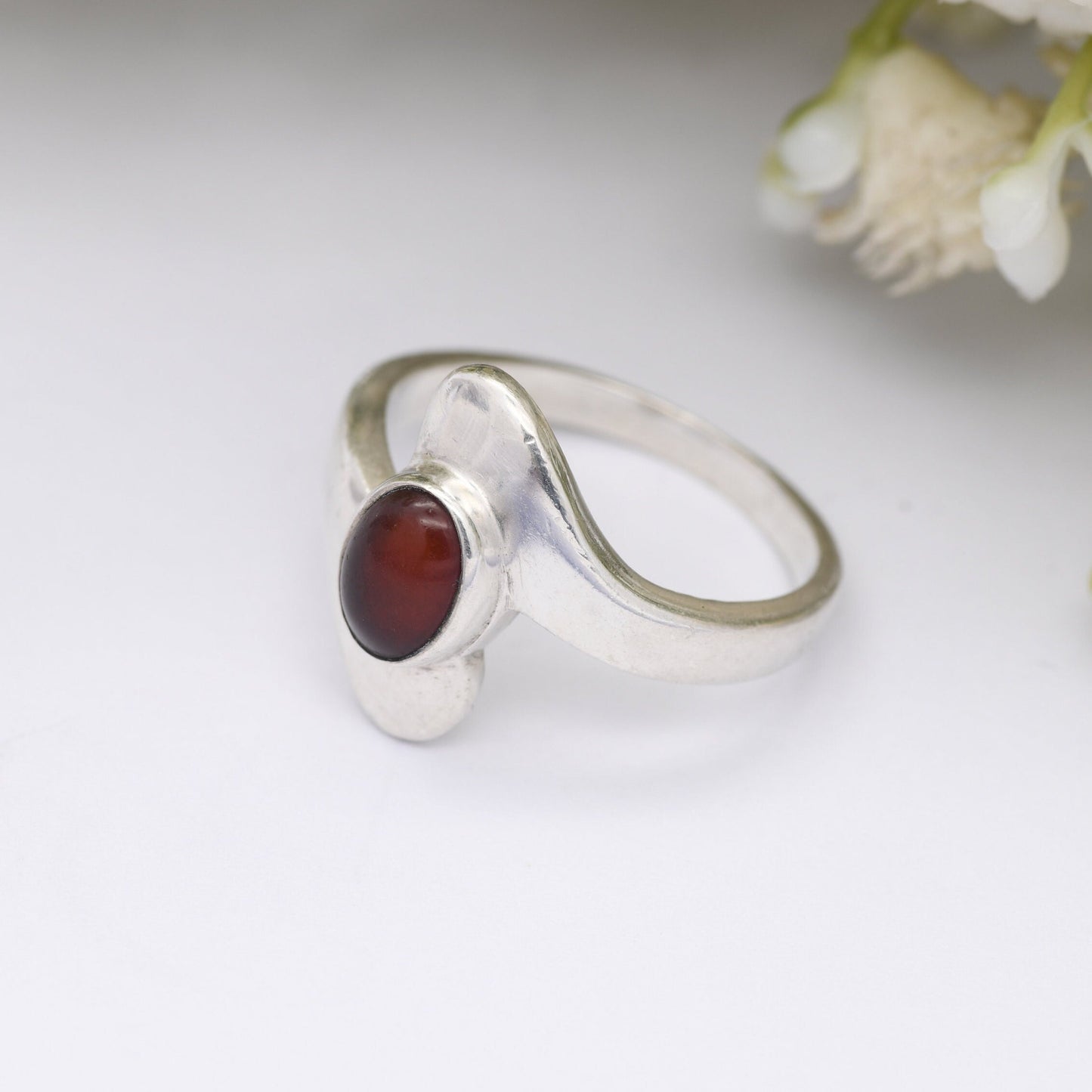 Vintage Sterling Silver Amber Crossover Ring - Bypass Band | Modernist Style | UK Size - N | US Size - 6