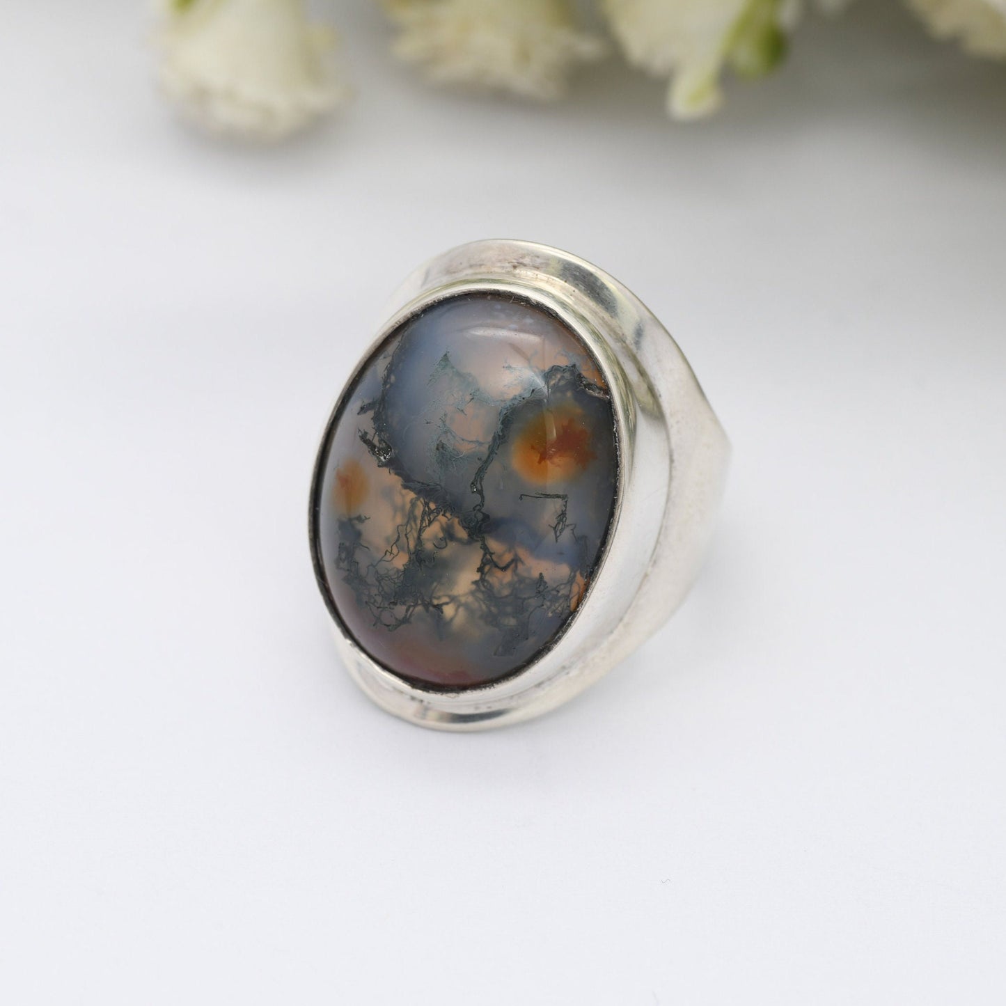 Vintage Sterling Silver Moss Agate Ring 1967 - Large Mid-Century Modernist Ring | UK Size - O 1/2 | US Size - 7 1/4