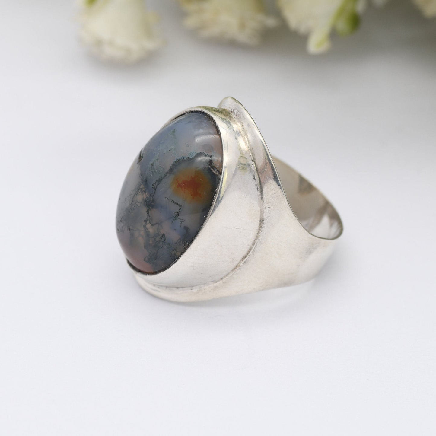 Vintage Sterling Silver Moss Agate Ring 1967 - Large Mid-Century Modernist Ring | UK Size - O 1/2 | US Size - 7 1/4