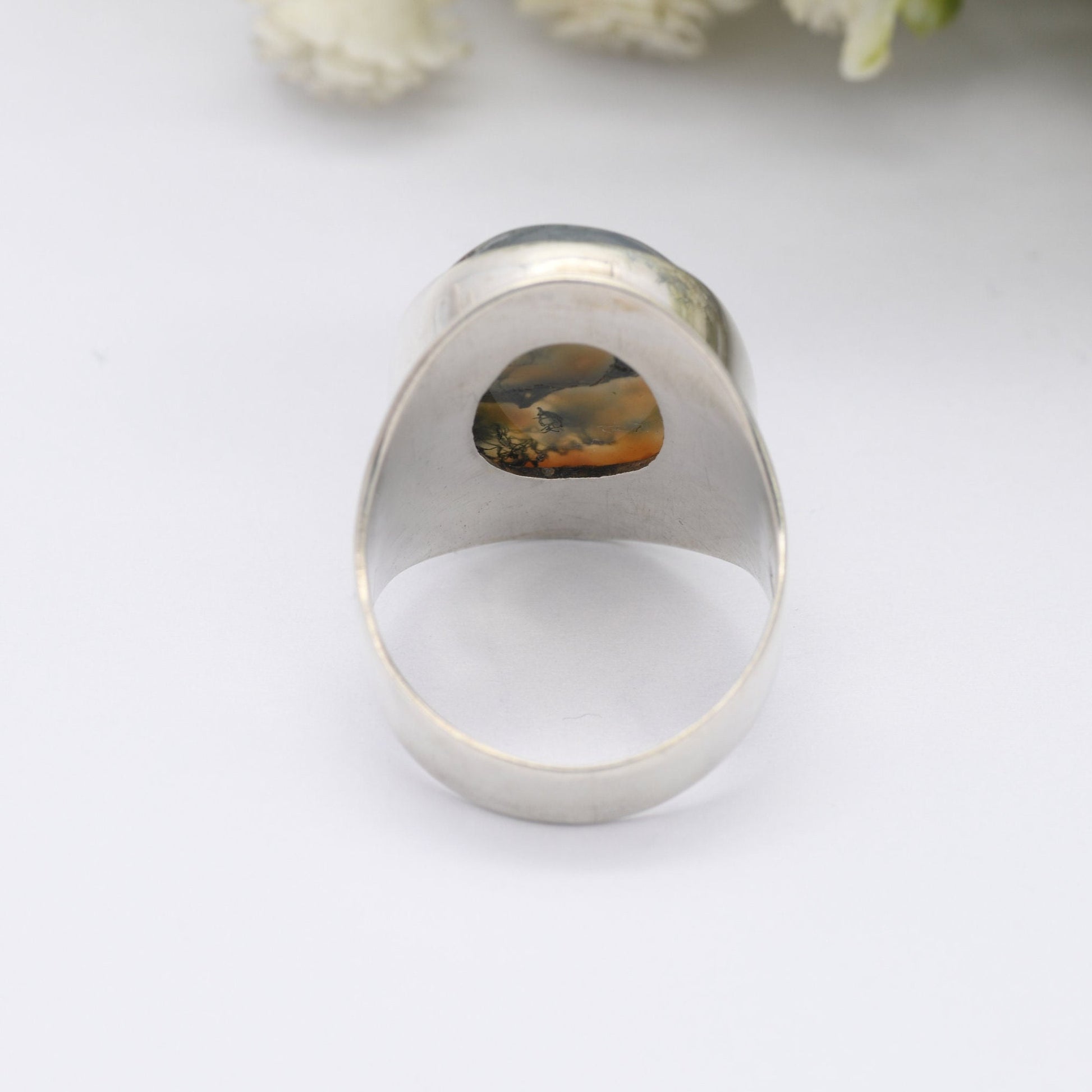 Vintage Sterling Silver Moss Agate Ring 1967 - Large Mid-Century Modernist Ring | UK Size - O 1/2 | US Size - 7 1/4