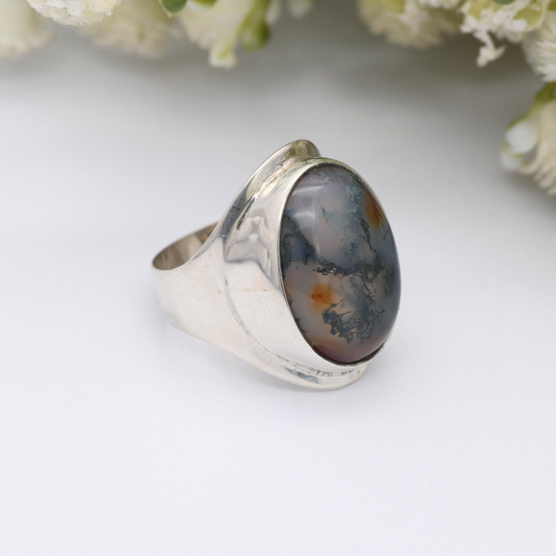 Vintage Sterling Silver Moss Agate Ring 1967 - Large Mid-Century Modernist Ring | UK Size - O 1/2 | US Size - 7 1/4