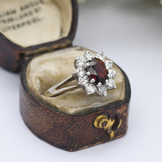 Vintage Sterling Silver Garnet Halo Flower Ring 1982 - Statement Cocktail Ring with CZ | UK Size - P | US Size - 7 1/2