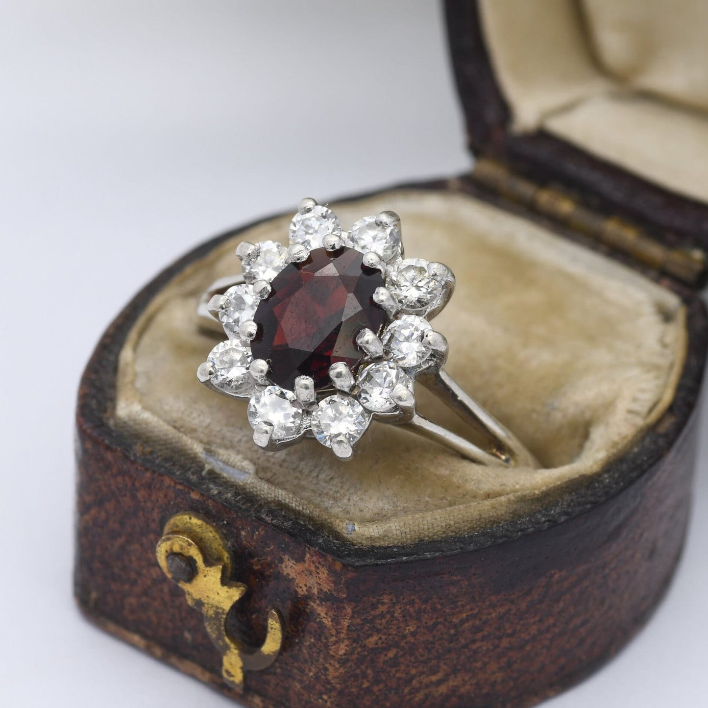 Vintage Sterling Silver Garnet Halo Flower Ring 1982 - Statement Cocktail Ring with CZ | UK Size - P | US Size - 7 1/2