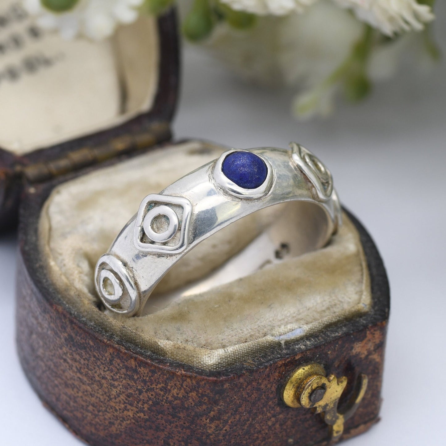 Vintage Sterling Silver Lapis Lazuli Ring 1996 - Unisex Chunky Silver Band | Geometric Pattern | UK Size - R | US Size - 8 1/2