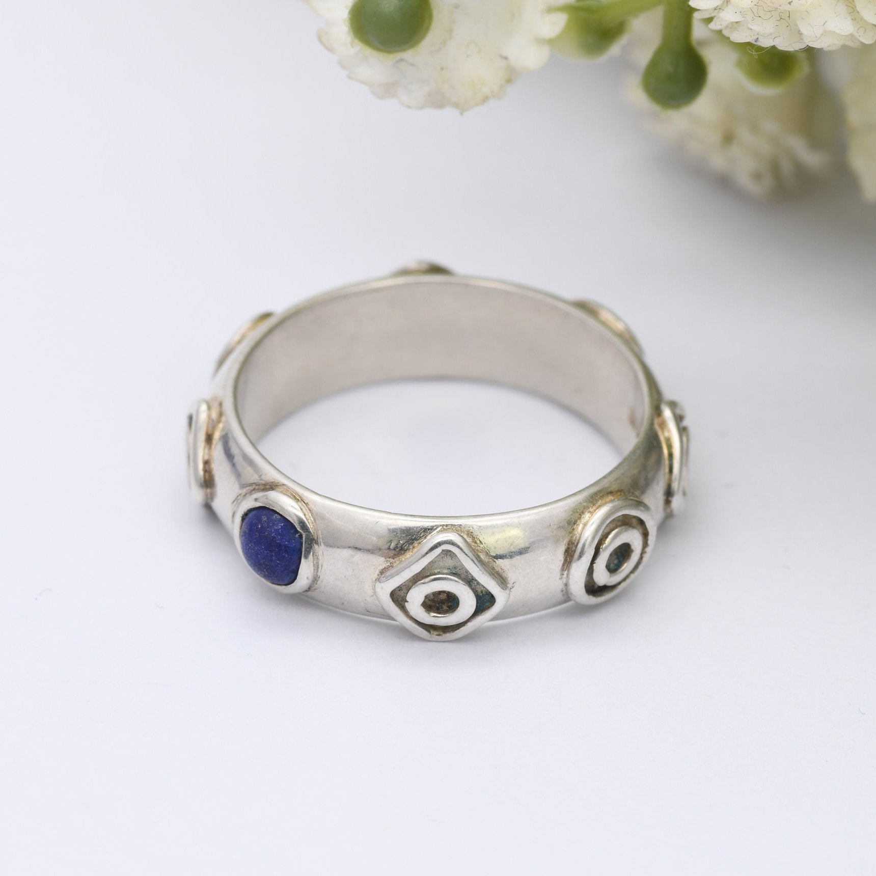 Vintage Sterling Silver Lapis Lazuli Ring 1996 - Unisex Chunky Silver Band | Geometric Pattern | UK Size - R | US Size - 8 1/2