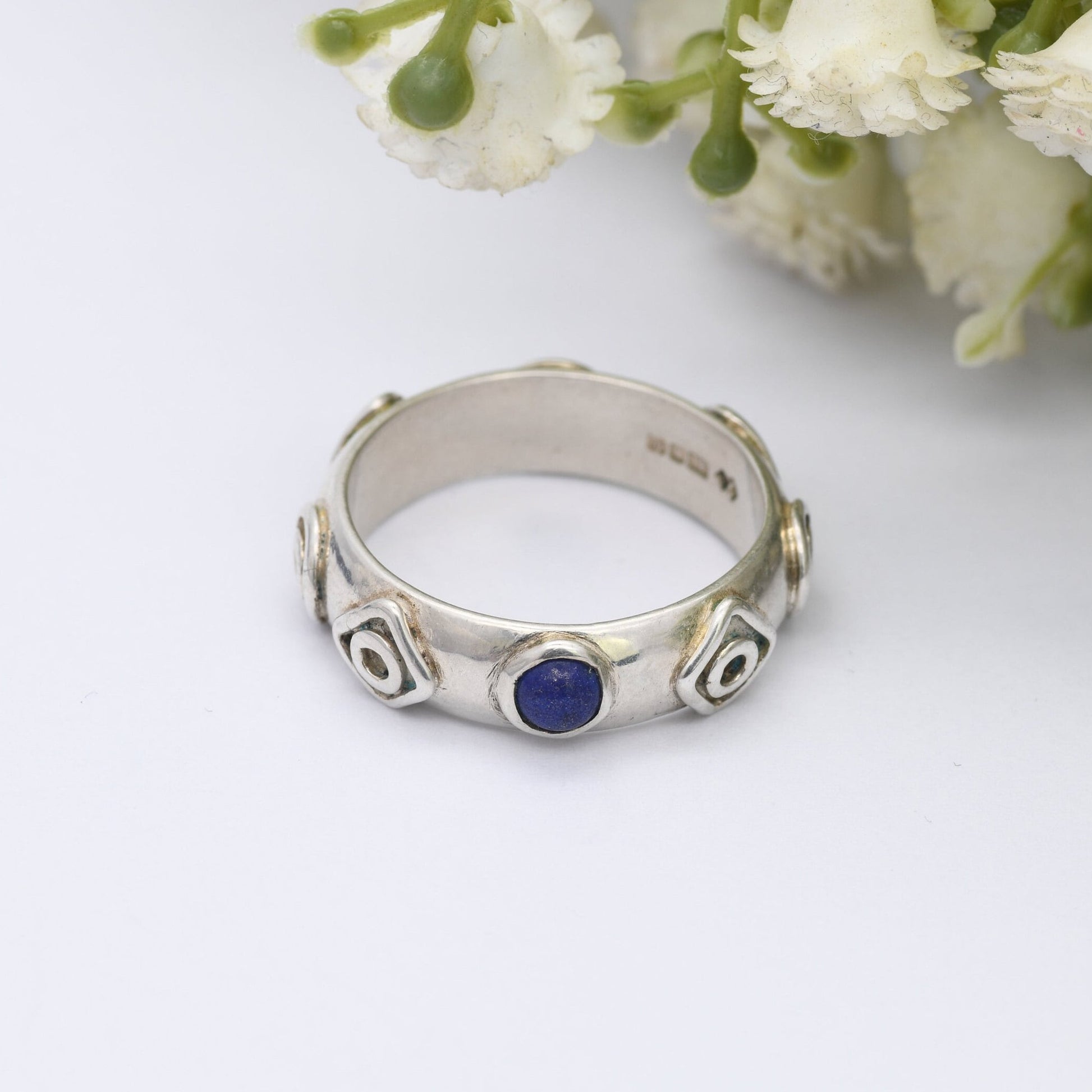 Vintage Sterling Silver Lapis Lazuli Ring 1996 - Unisex Chunky Silver Band | Geometric Pattern | UK Size - R | US Size - 8 1/2