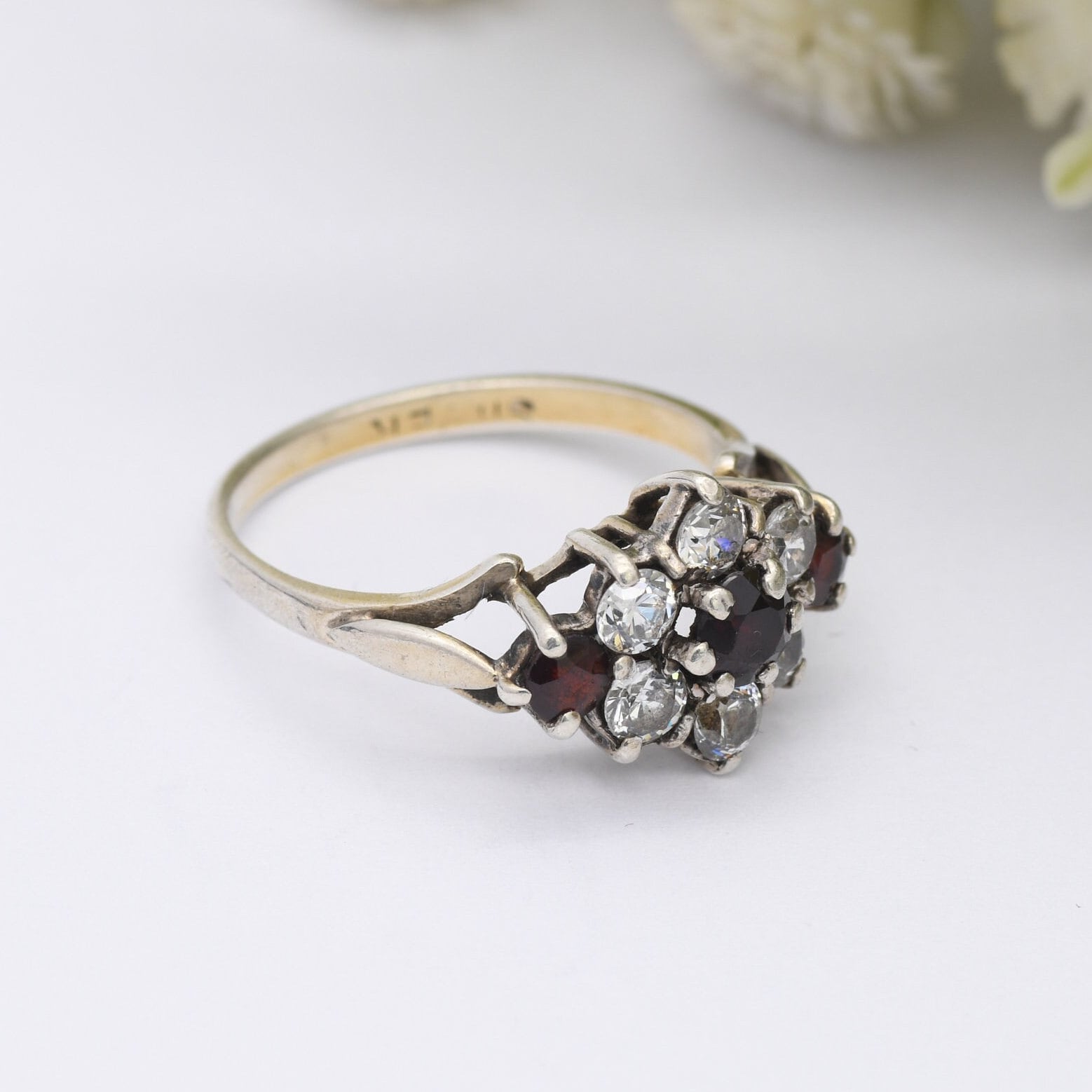 Vintage Sterling Silver Garnet Cluster Flower Ring - Statement Cocktail Ring with CZ | UK Size - N | US Size - 6 3/4