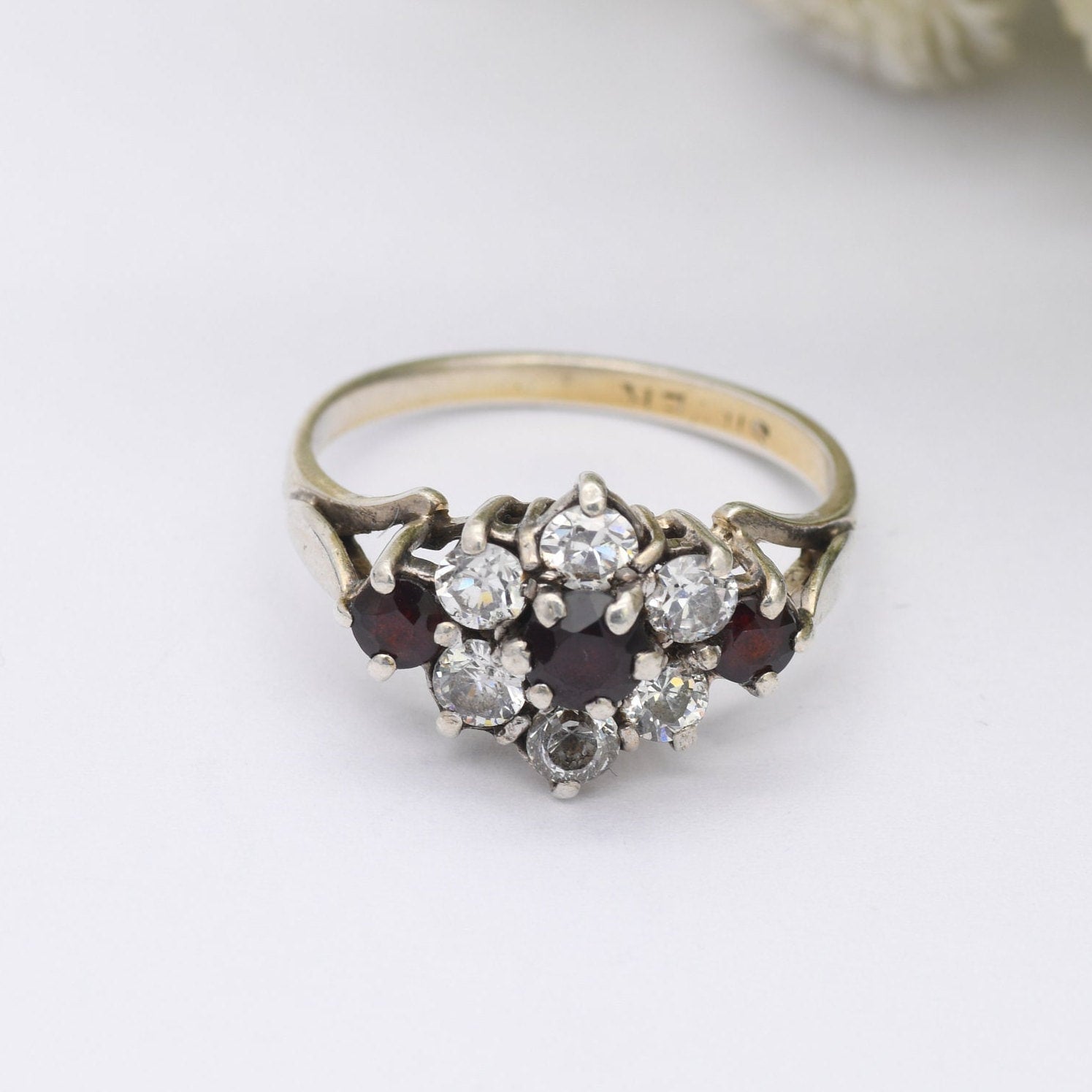 Vintage Sterling Silver Garnet Cluster Flower Ring - Statement Cocktail Ring with CZ | UK Size - N | US Size - 6 3/4