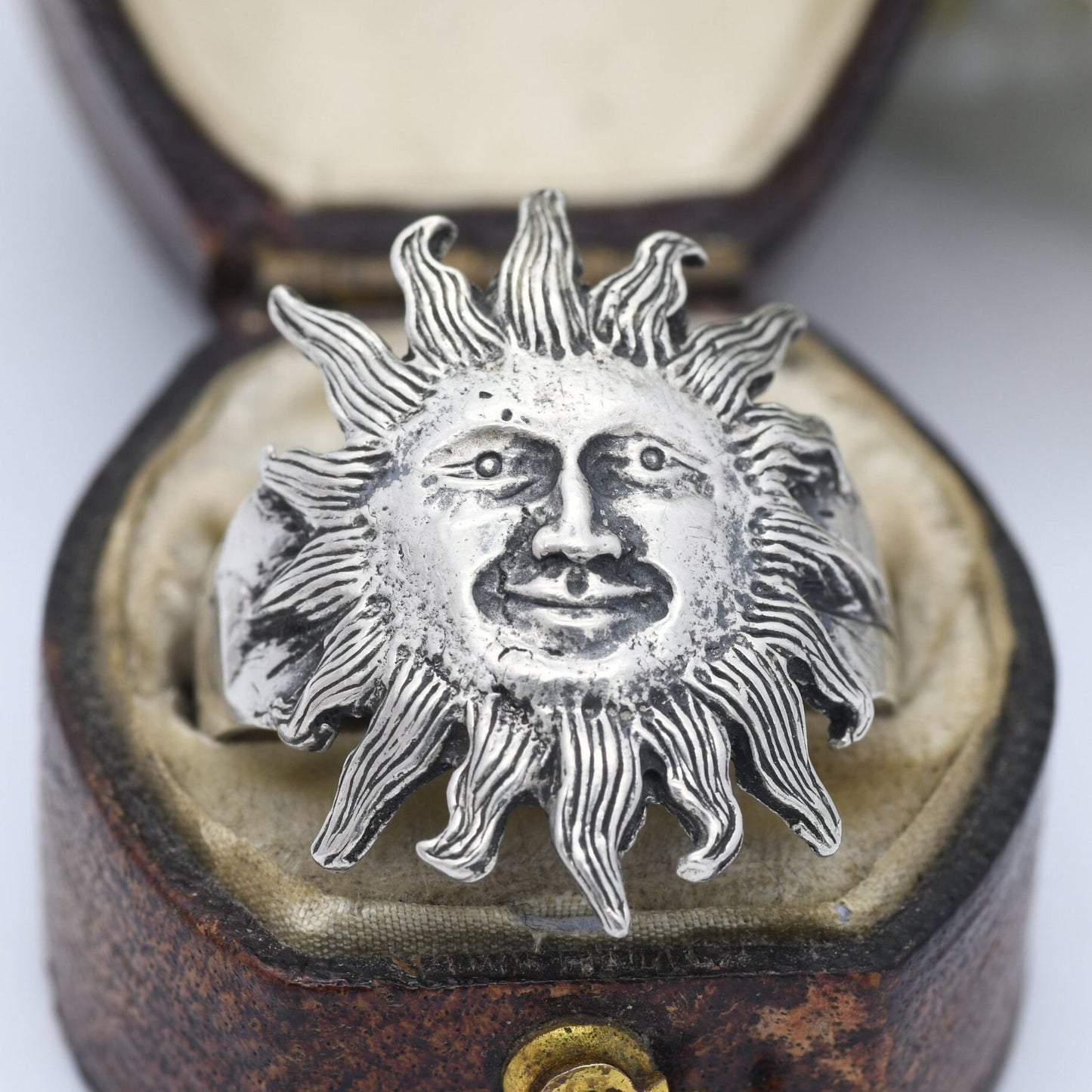 Vintage Sterling Silver Sun Face Ring - Unusual Statement Jewellery | Large Unisex Mid-Century Mask | UK Size - U | US Size - 10