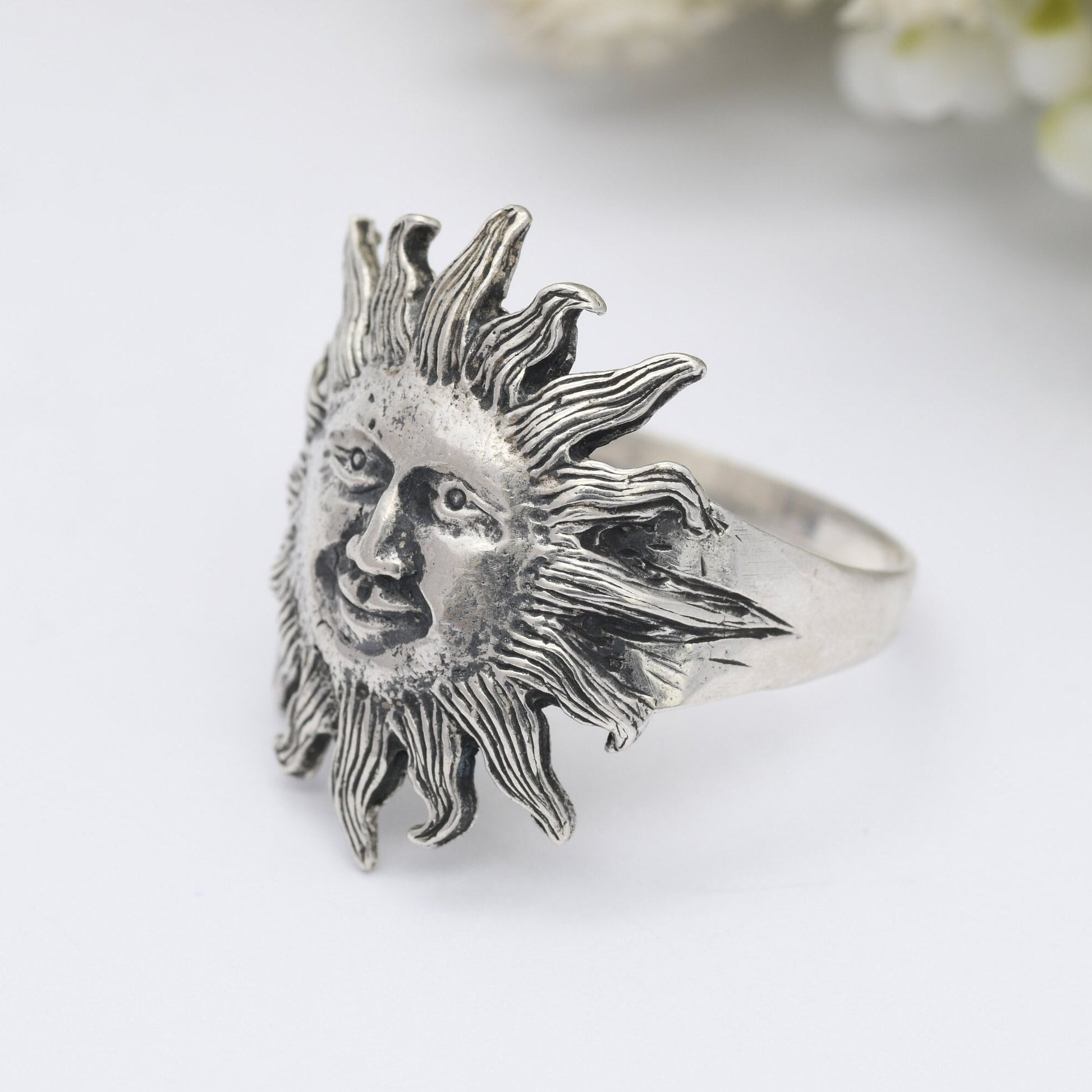 Vintage Sterling Silver Sun Face Ring - Unusual Statement Jewellery | Large Unisex Mid-Century Mask | UK Size - U | US Size - 10