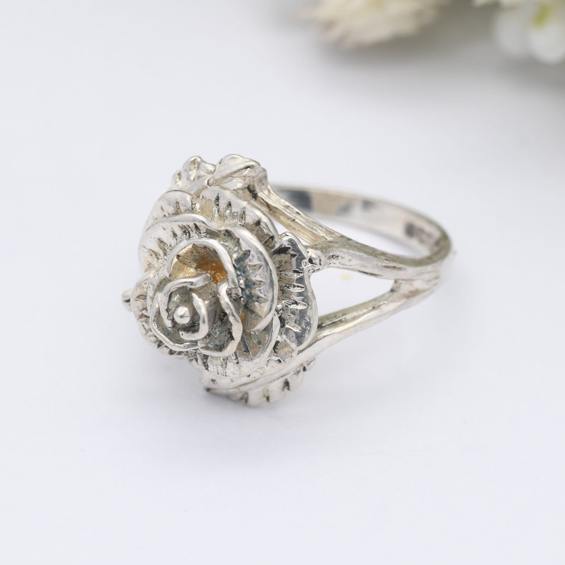 Vintage Sterling Silver Rose Ring 1978 P & R Bushell - Modernist Flower Floral Shape | UK Size - L | US Size - 5 3/4