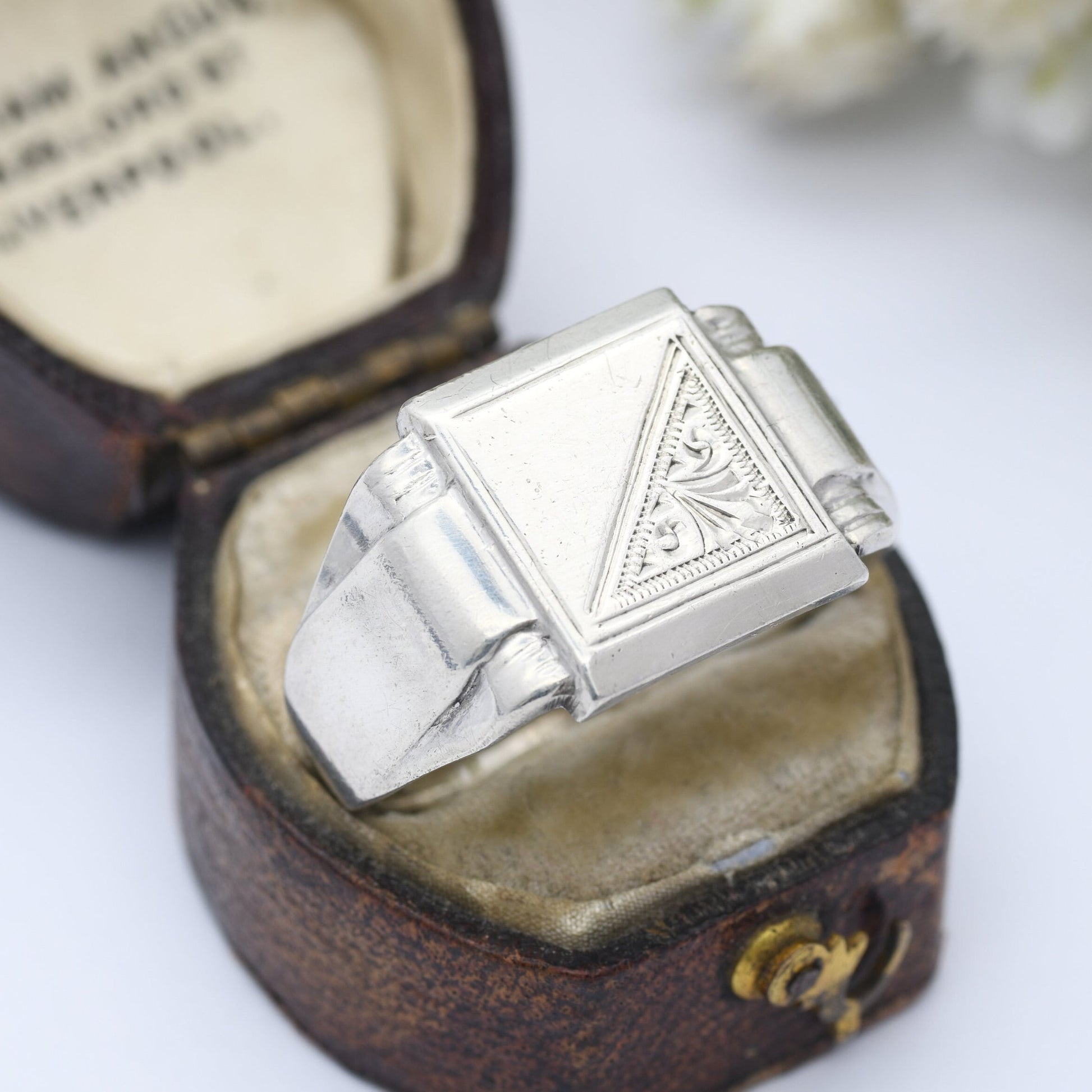 Vintage Sterling Silver Signet Ring Blank 1962 - Ornate Scrolling Engraving | Mid-Century Large Unisex | UK Size - Y | US Size - 12