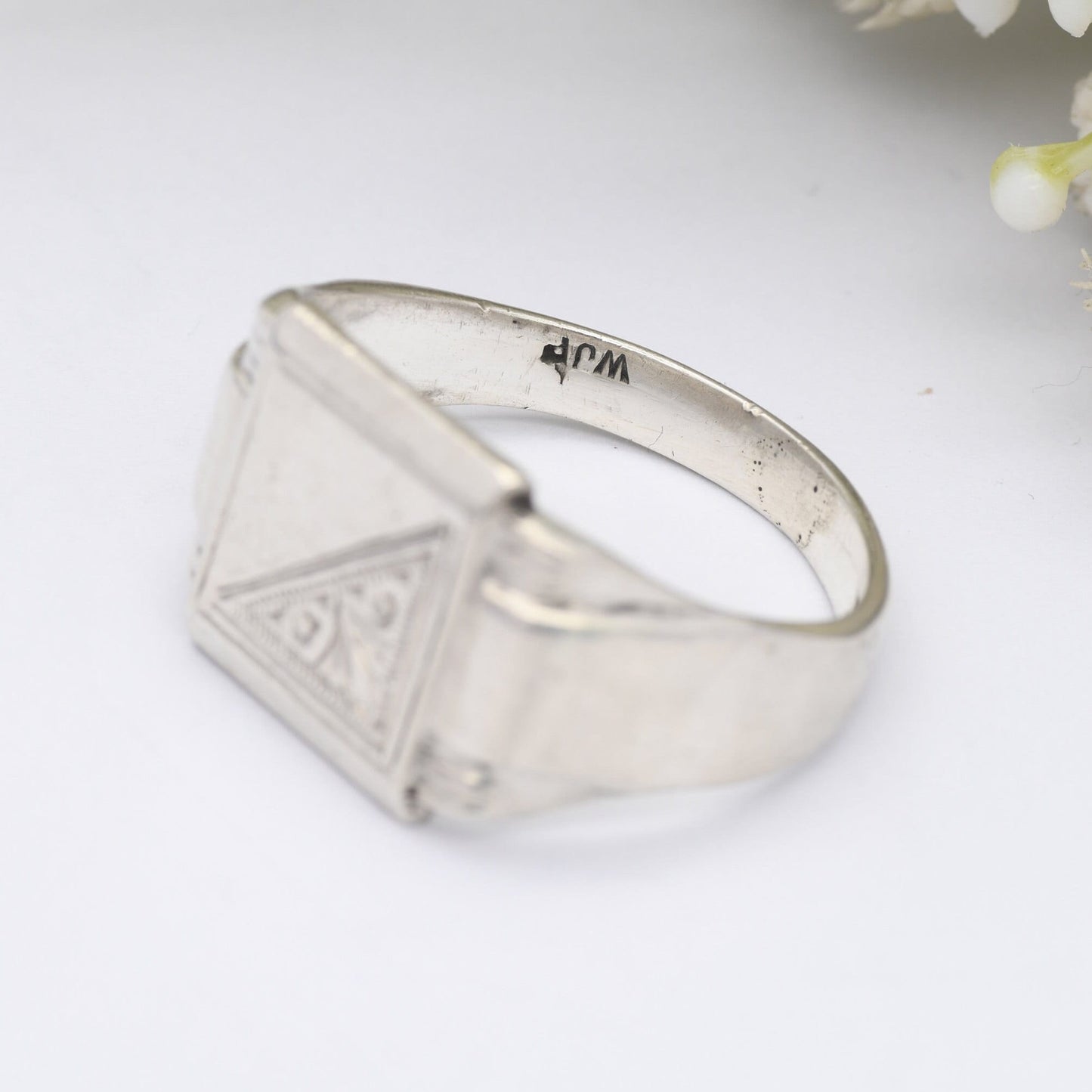 Vintage Sterling Silver Signet Ring Blank 1962 - Ornate Scrolling Engraving | Mid-Century Large Unisex | UK Size - Y | US Size - 12