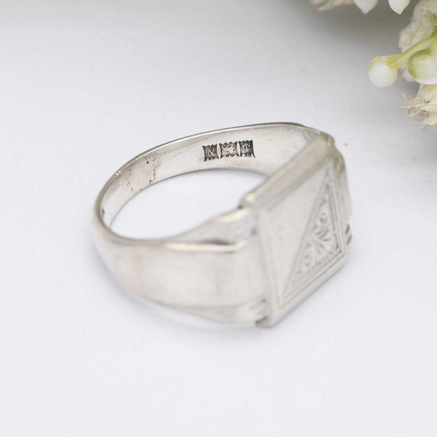 Vintage Sterling Silver Signet Ring Blank 1962 - Ornate Scrolling Engraving | Mid-Century Large Unisex | UK Size - Y | US Size - 12