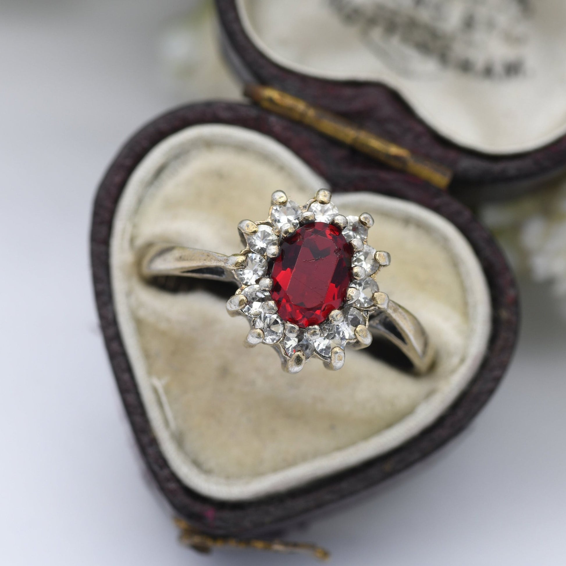 Vintage Gold Plated Sterling Silver Halo Flower Ring 1977 - Statement Cocktail Ring with Red and White CZ | UK Size - Q | US Size - 8