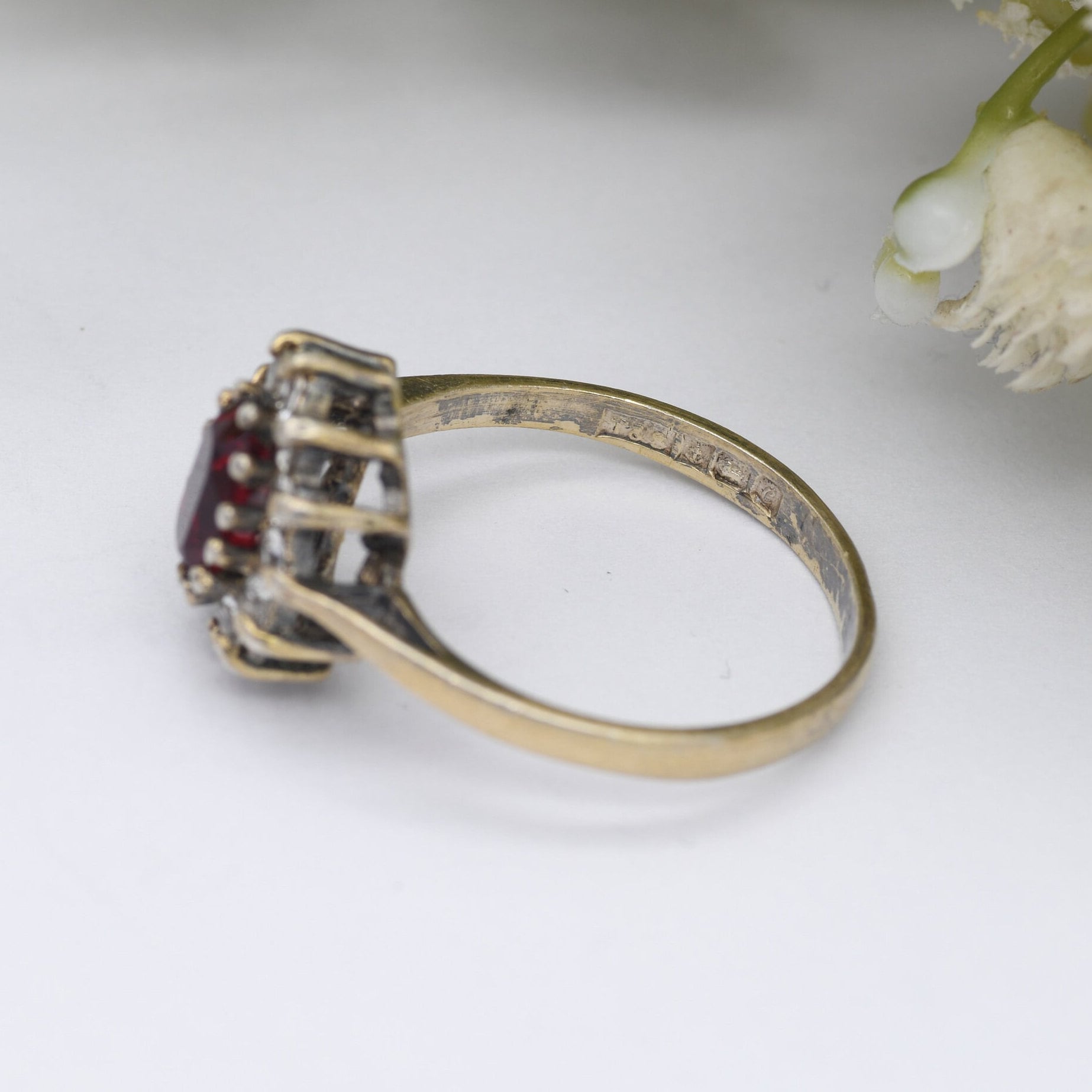 Vintage Gold Plated Sterling Silver Halo Flower Ring 1977 - Statement Cocktail Ring with Red and White CZ | UK Size - Q | US Size - 8