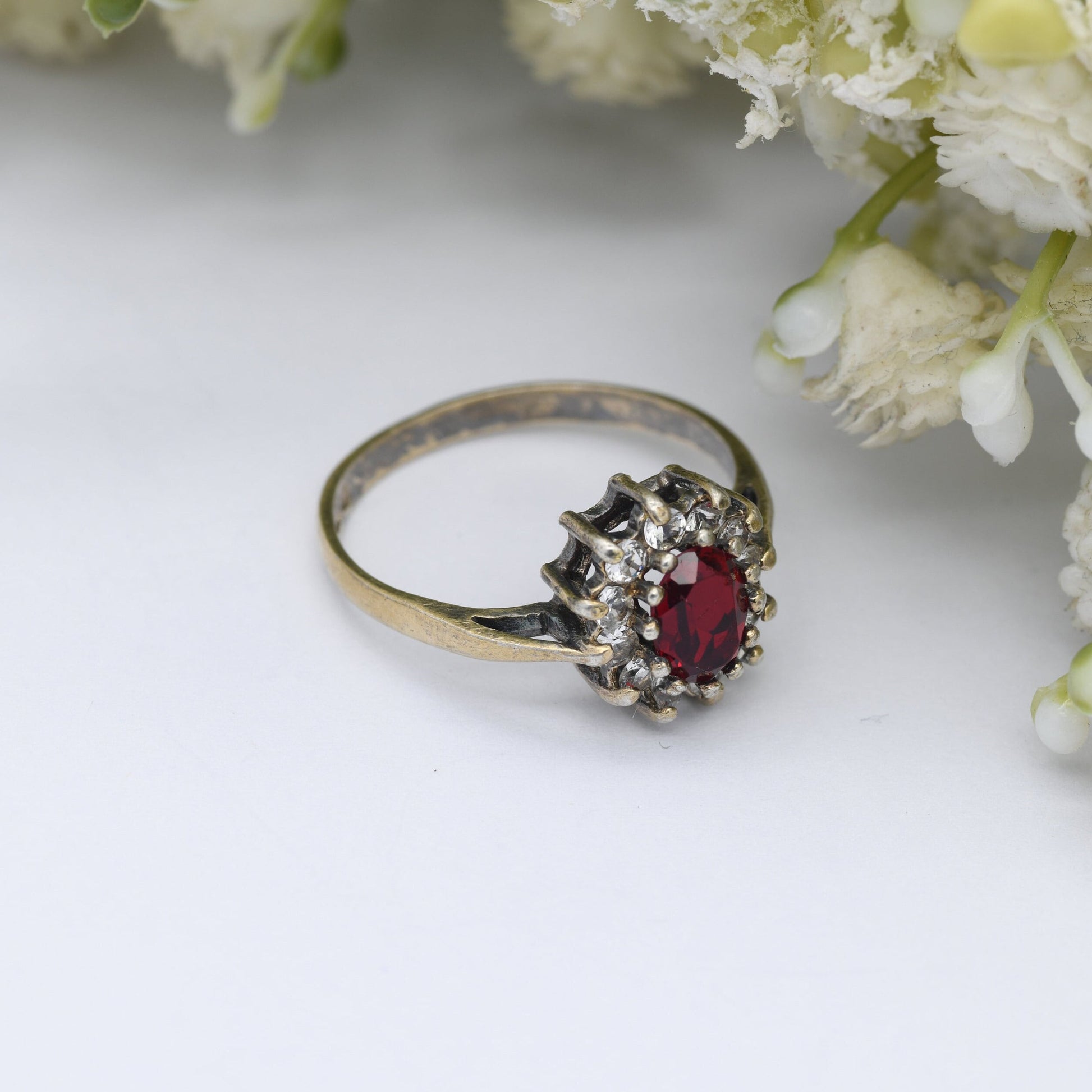 Vintage Gold Plated Sterling Silver Halo Flower Ring 1977 - Statement Cocktail Ring with Red and White CZ | UK Size - Q | US Size - 8