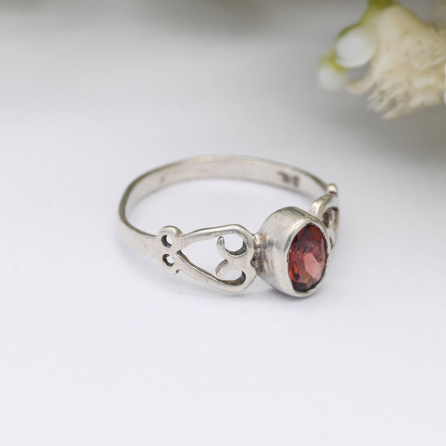 Vintage Silver and Garnet Ring - Openwork Love Heart Shoulders | Red Stone Solitaire | UK Size - N 1/2 / US Size - 6 1/2