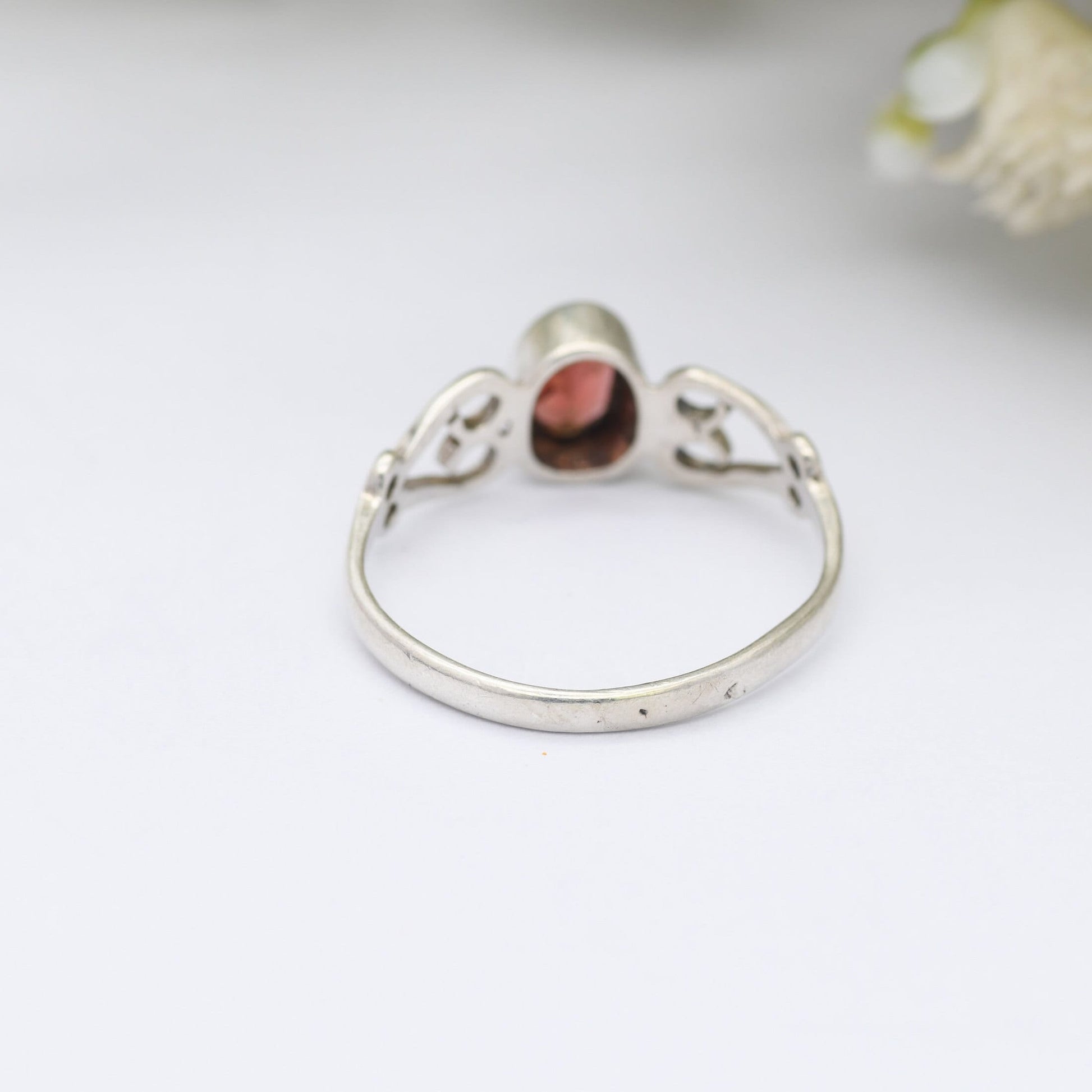 Vintage Silver and Garnet Ring - Openwork Love Heart Shoulders | Red Stone Solitaire | UK Size - N 1/2 / US Size - 6 1/2