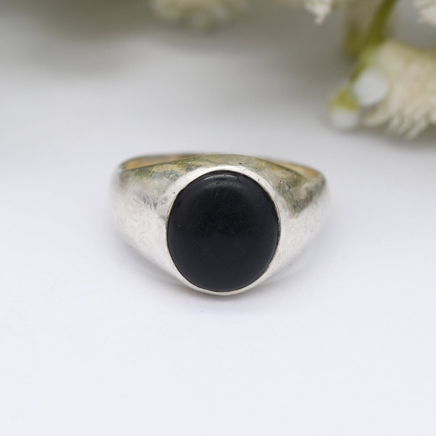 Vintage Sterling Silver Onyx Signet Ring - Large Black Stone | Circle Cabochon | UK Size - N 1/2 | US Size - 7