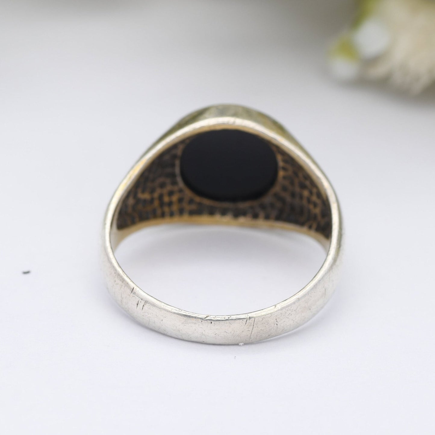 Vintage Sterling Silver Onyx Signet Ring - Large Black Stone | Circle Cabochon | UK Size - N 1/2 | US Size - 7