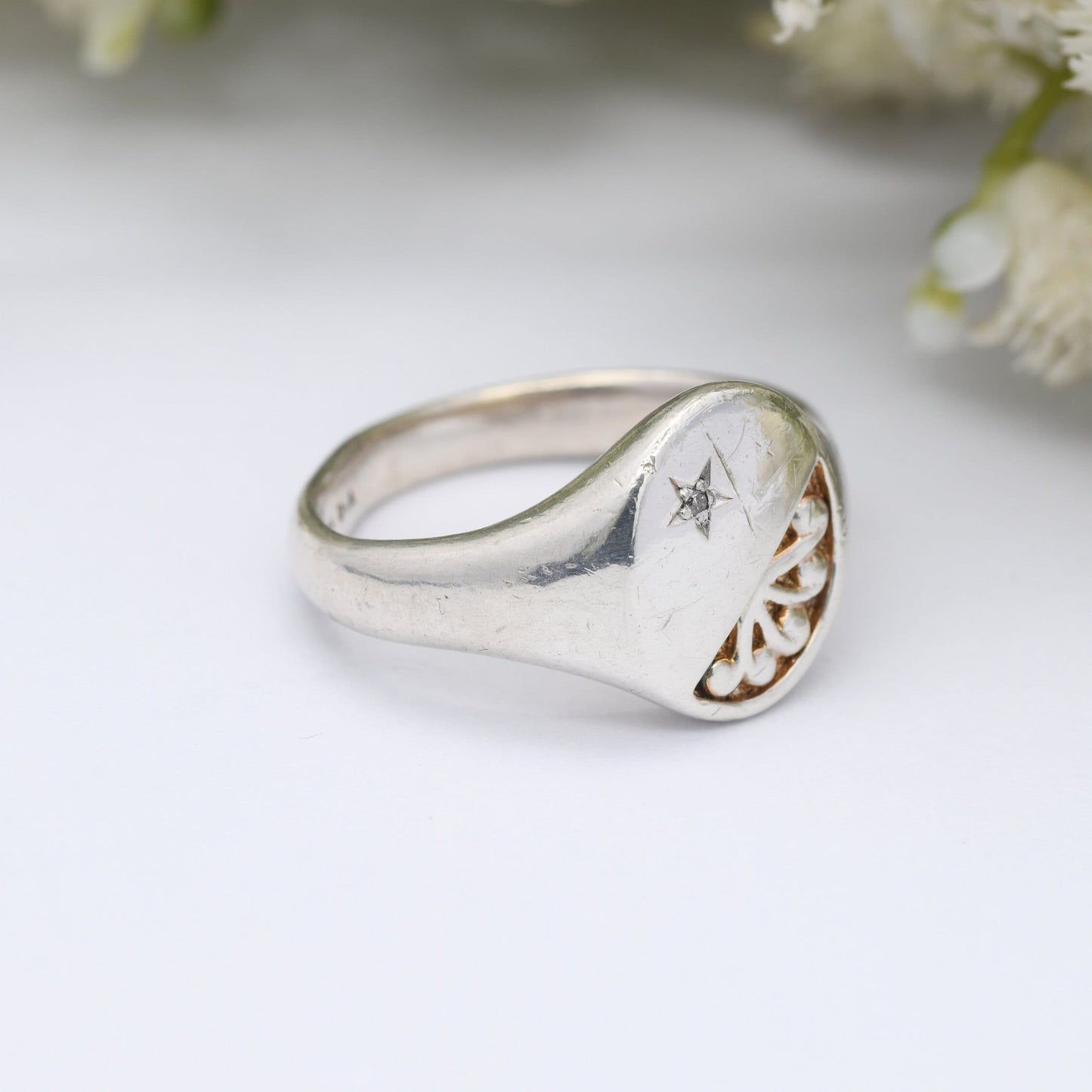 Vintage Silver Diamond Signet Ring - Statement Men's Signet | Chunky Unisex Ring | UK Size - Q 1/2 | US Size - 8 1/4