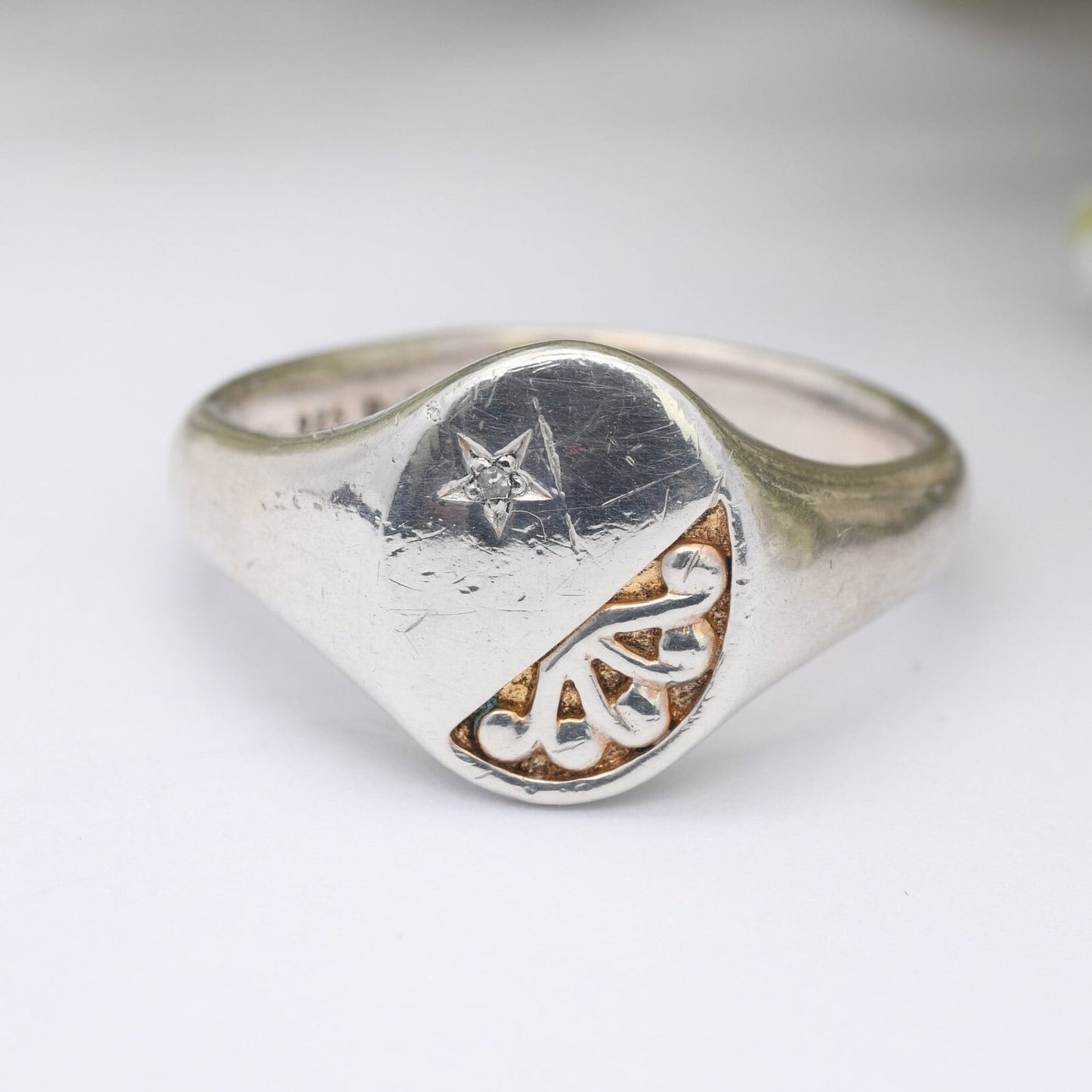 Vintage Silver Diamond Signet Ring - Statement Men's Signet | Chunky Unisex Ring | UK Size - Q 1/2 | US Size - 8 1/4