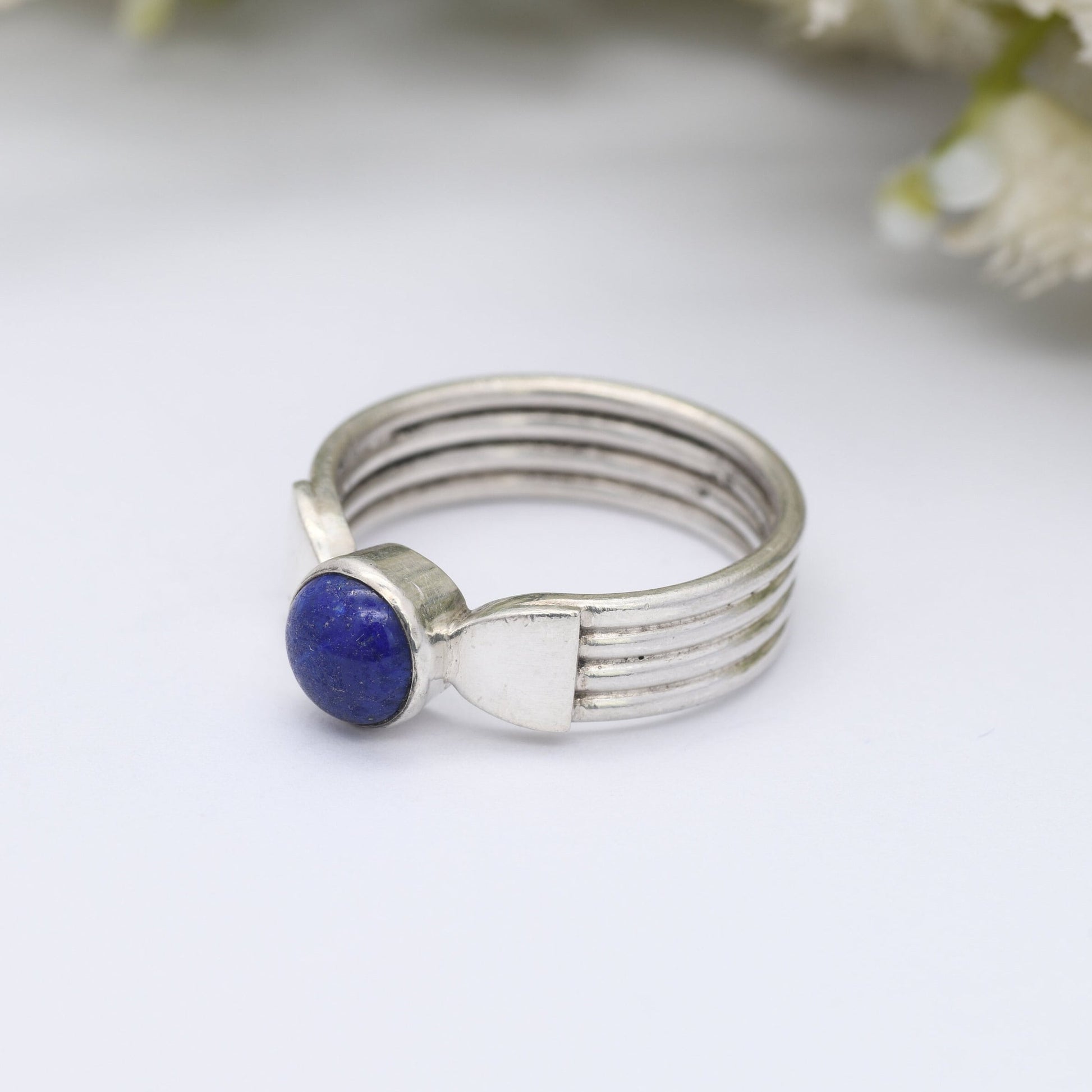 Sterling Silver Lapis Lazuli Ring Vintage - Circle Blue Gemstone Cabochon | UK Size - R | US Size - 8 1/2