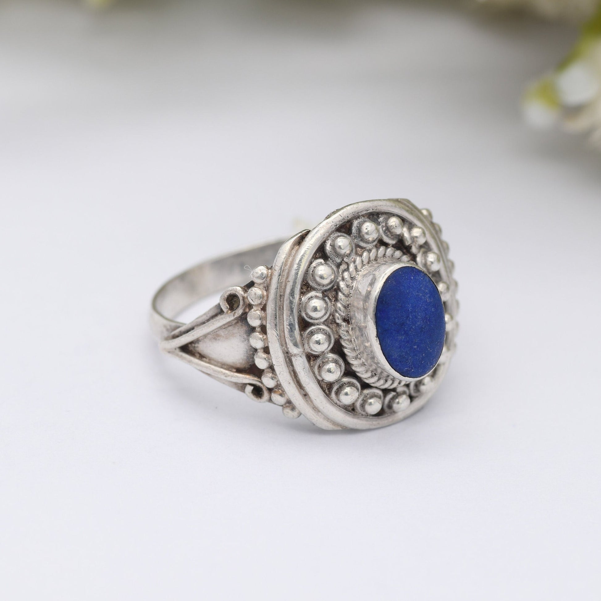 Vintage Sterling Silver Lapis Lazuli Ring - Ornate Rope Twist Granulated Design | Statement Jewellery | UK Size - R 1/2 | US Size - 9