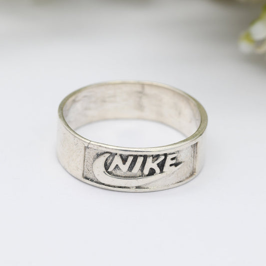 Vintage Sterling Silver Nike Logo Band Ring - Nike Tick Swoosh | Just Do It | Large Unisex Band | UK Size - Z | US Size - 12 1/2